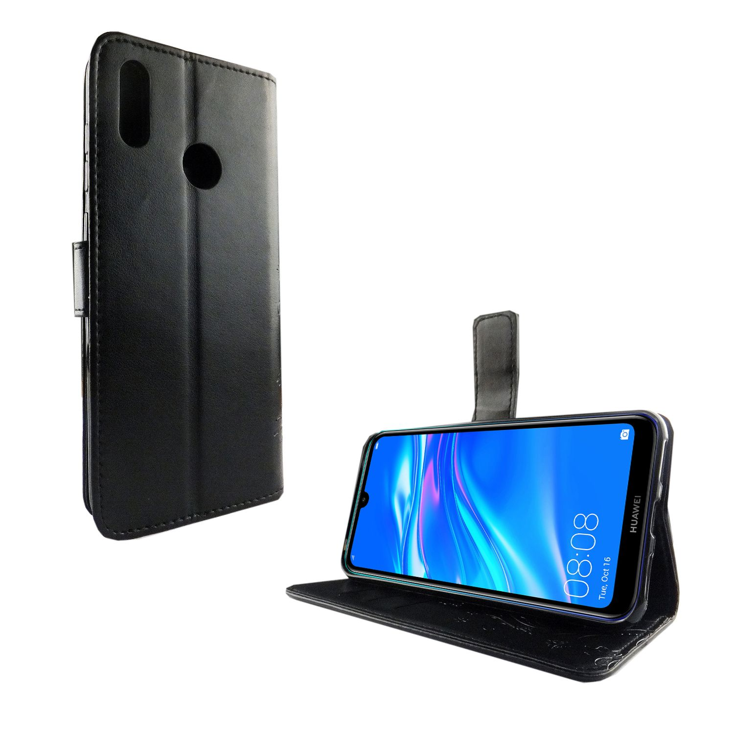 Smartphone in schwarzer Hülle, offen, zeigt Bildschirm, weißer Hintergrund.