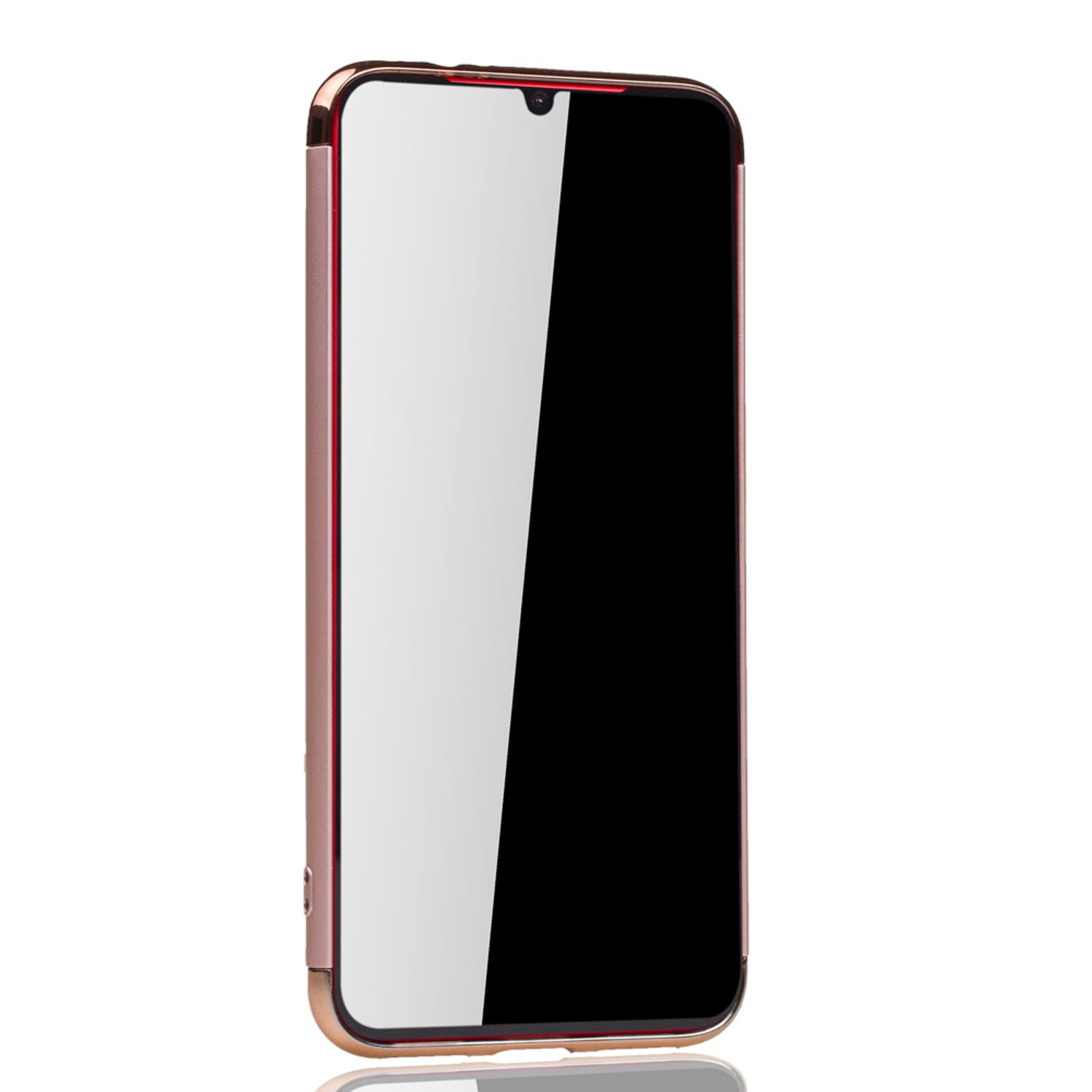 Goldene Handyhülle, Telefonbildschirm sichtbar, schwarz. Weißer Hintergrund.
