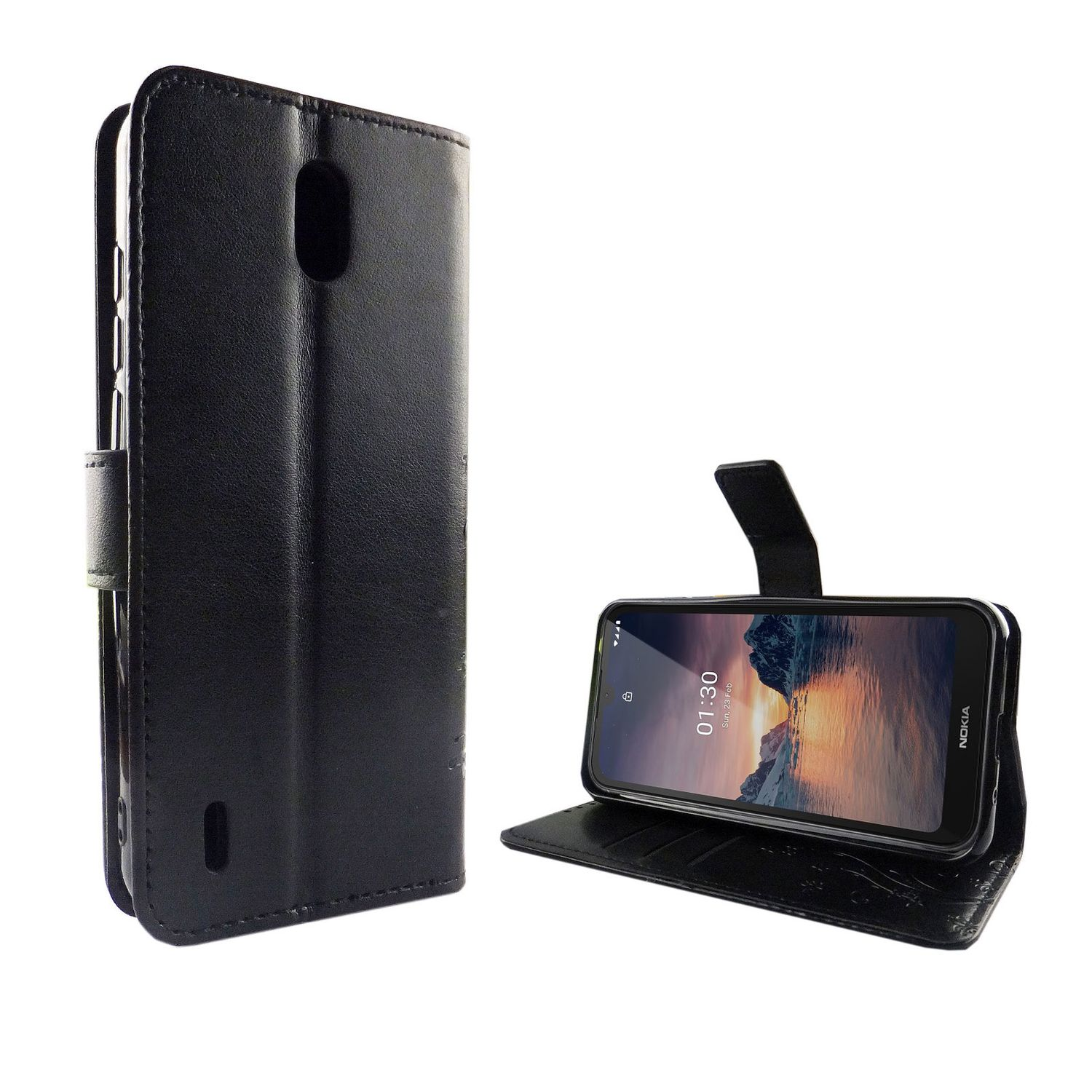 Geöffnete schwarze Handyhülle, Telefon innen aufgestellt. Eine weitere Hülle links.