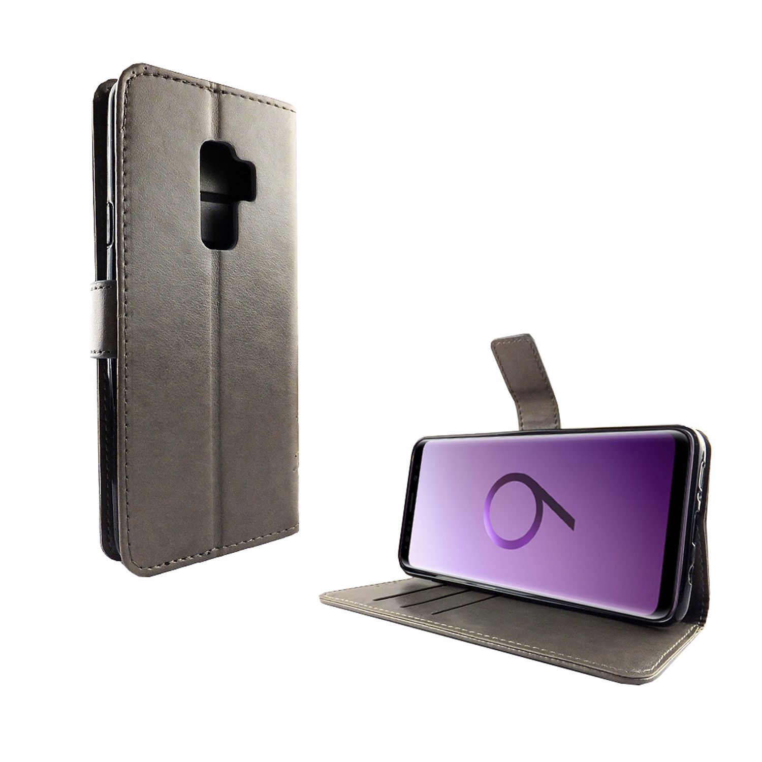 Eine graue Handyhülle ist geöffnet, mit einem Telefon darin. Das Telefon befindet sich auf weißem Hintergrund.