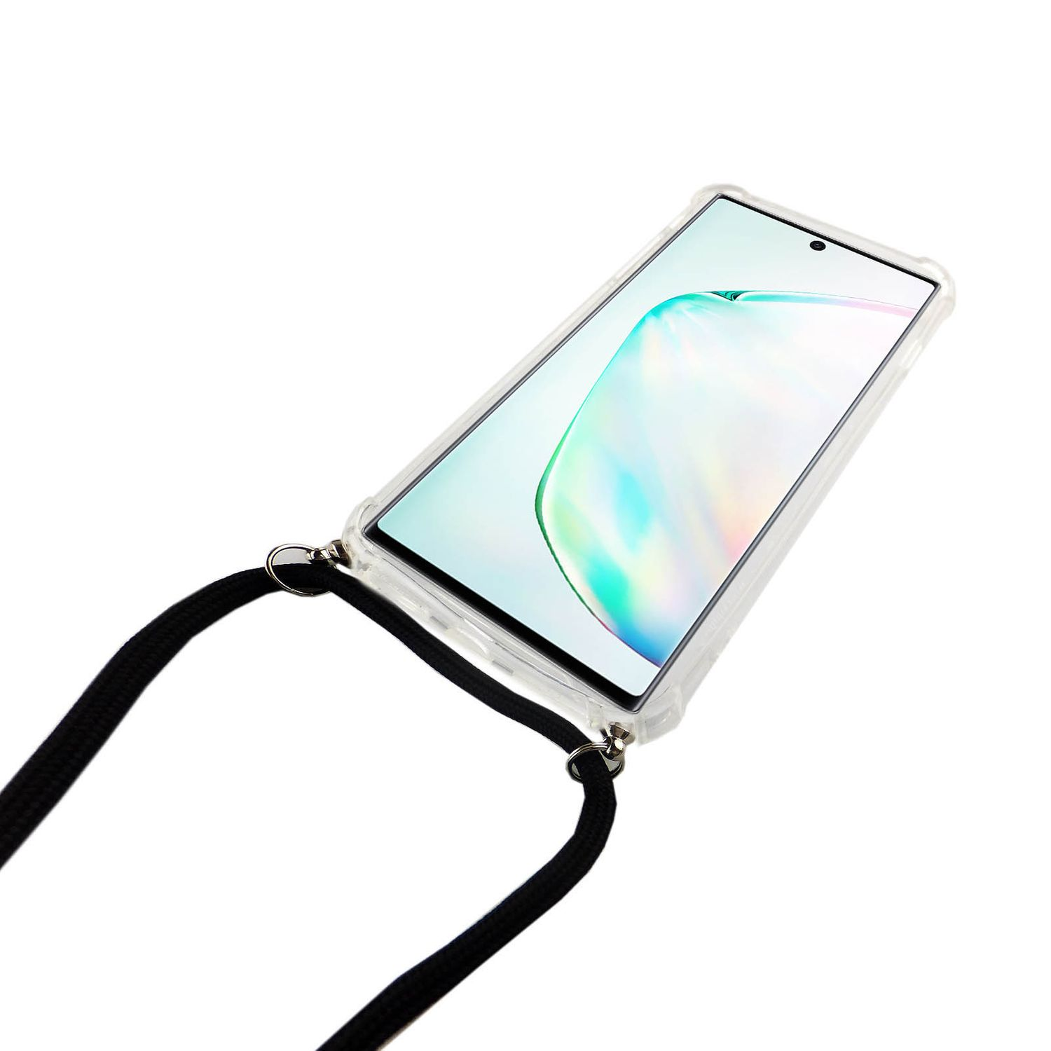 Telefon mit Riemen, transparente Hülle, weißer Bildschirm. Weißer Hintergrund.