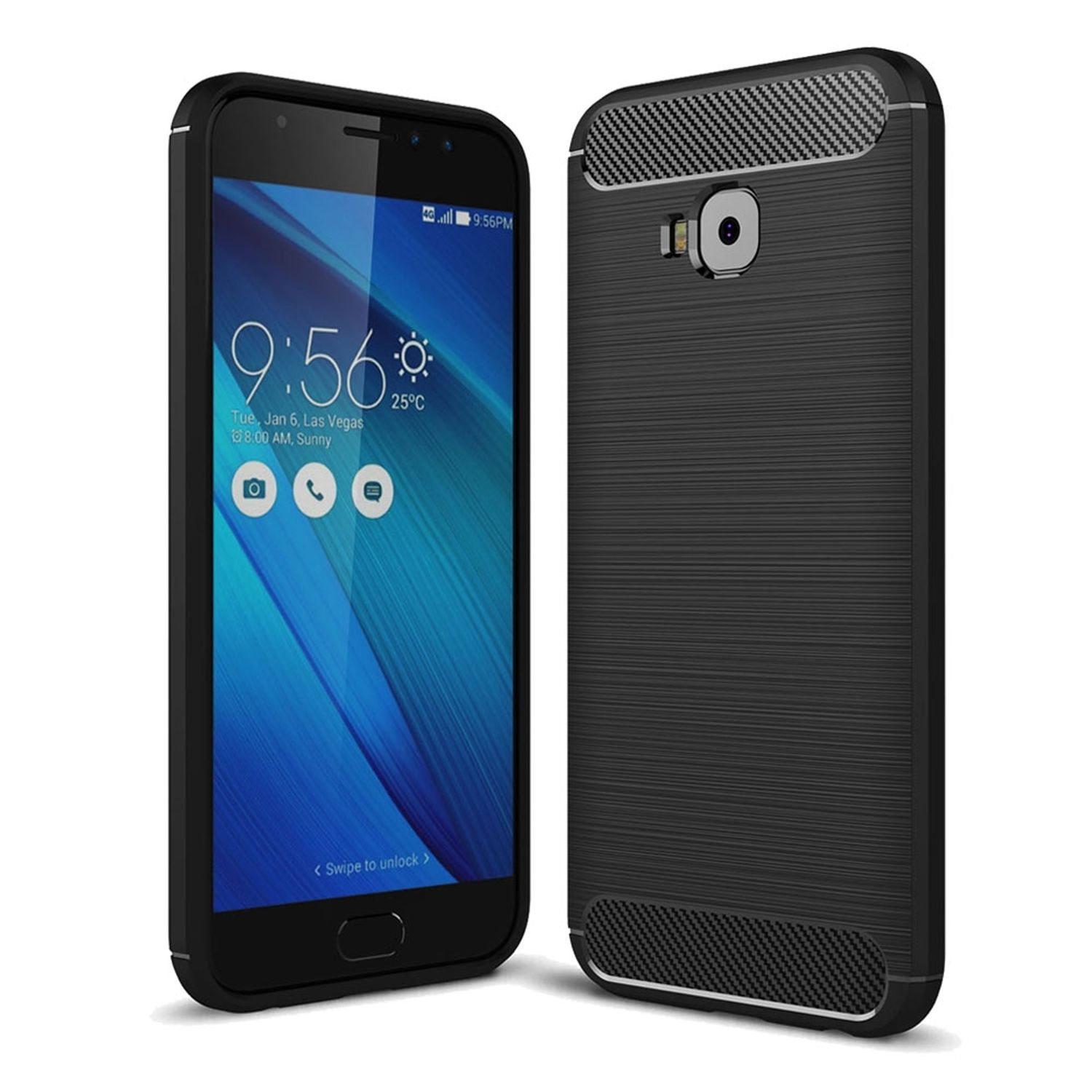 Schwarzes Telefon mit schwarzer Hülle. Der Hintergrund ist eine weiße Oberfläche.