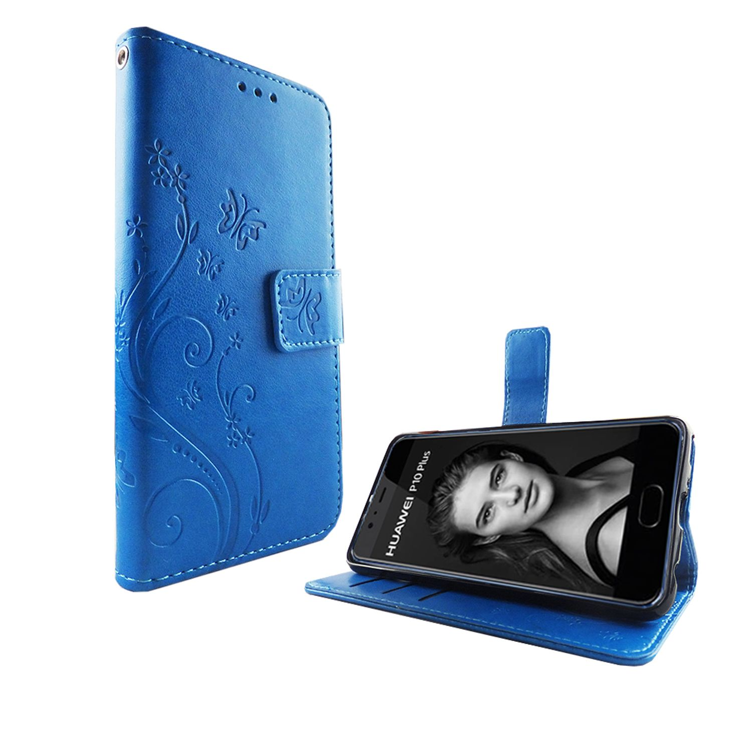 Blaue Handyhülle, rechts offen, zeigt das Gesicht einer Frau auf dem Telefonbildschirm. Blauer Hintergrund.