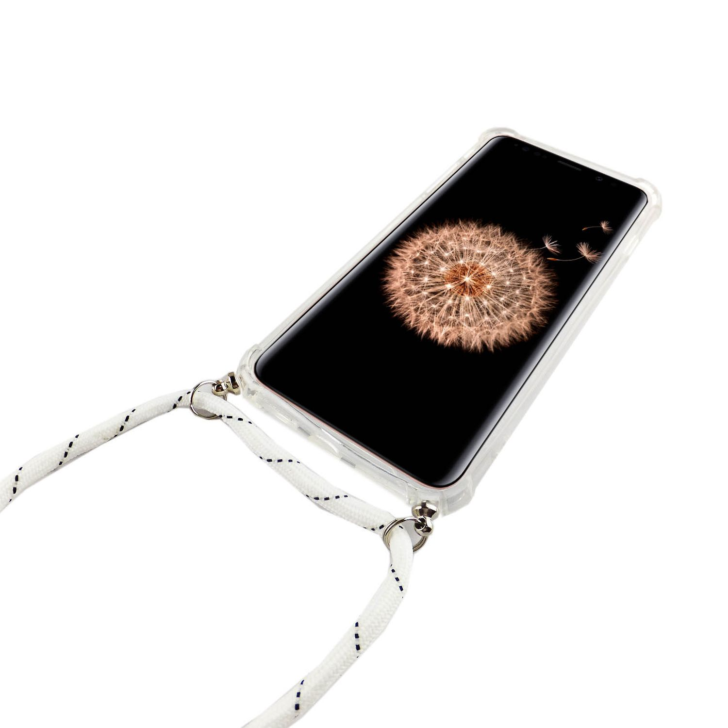 Telefon mit weißem Band. Der Bildschirm zeigt einen Löwenzahn. Weißer Hintergrund.