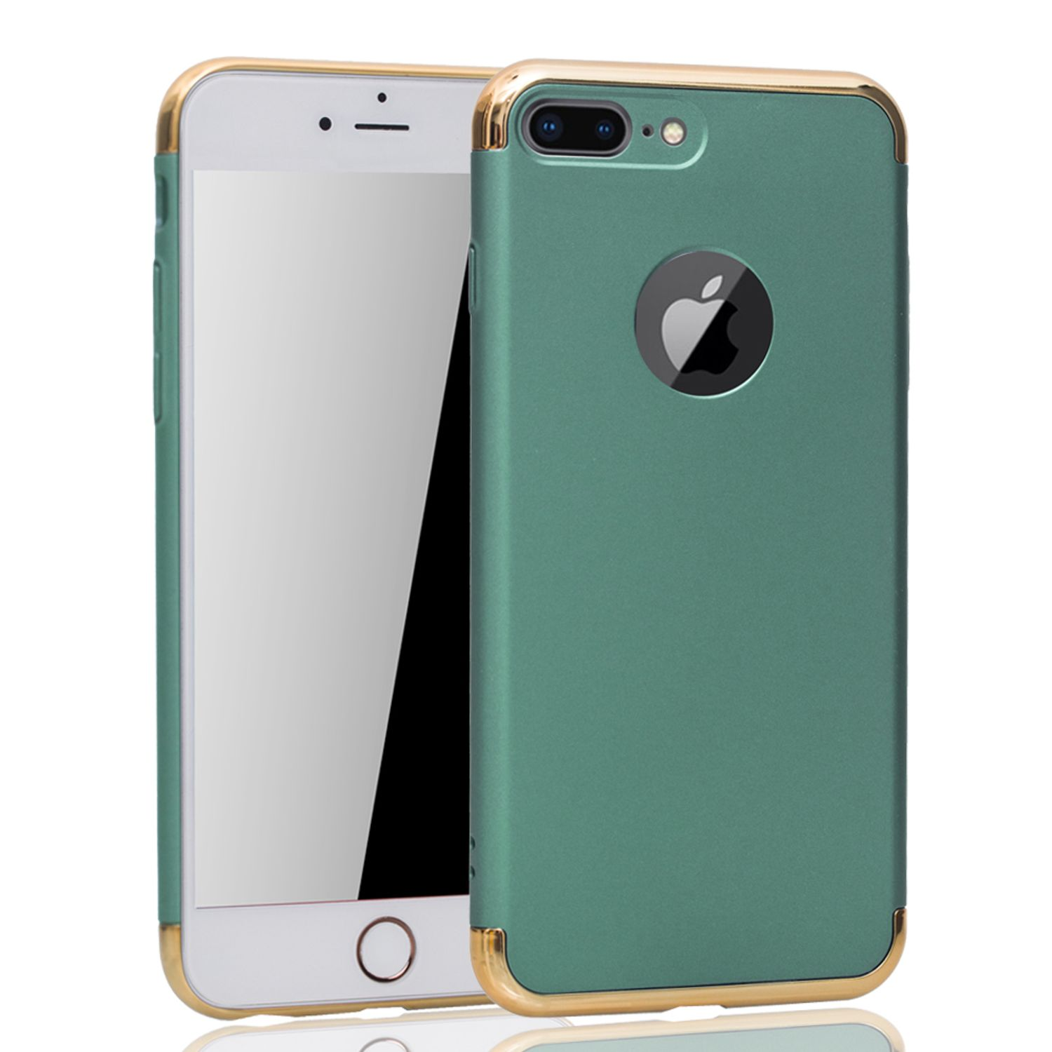 Eine grüne Handyhülle mit goldenem Rahmen. Das Apple-Logo ist auf dem Telefon sichtbar.
