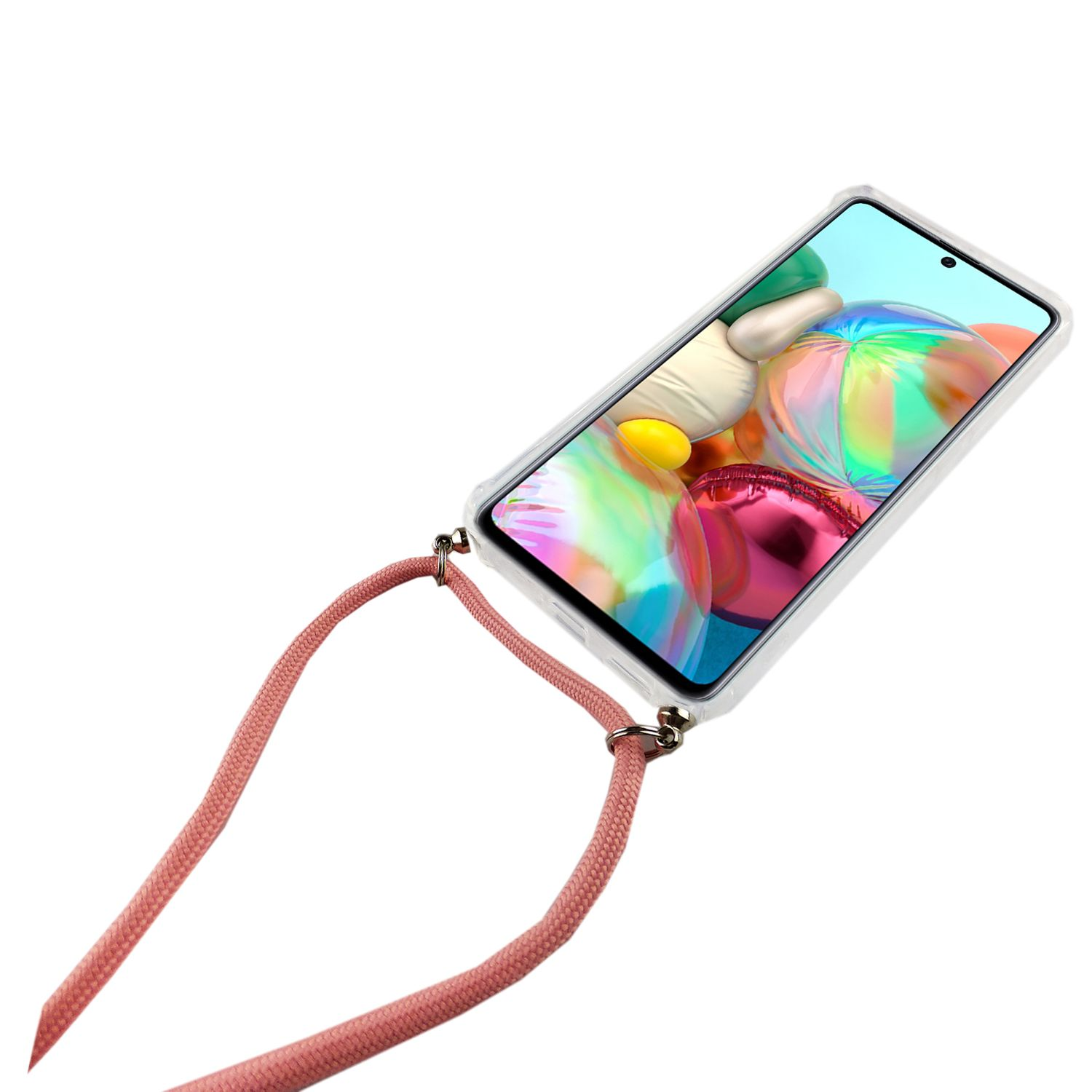 Weißes Telefon mit rosa Kordel. Das Telefon befindet sich auf weißem Hintergrund. Die Kordel wird als Schlüsselband verwendet.