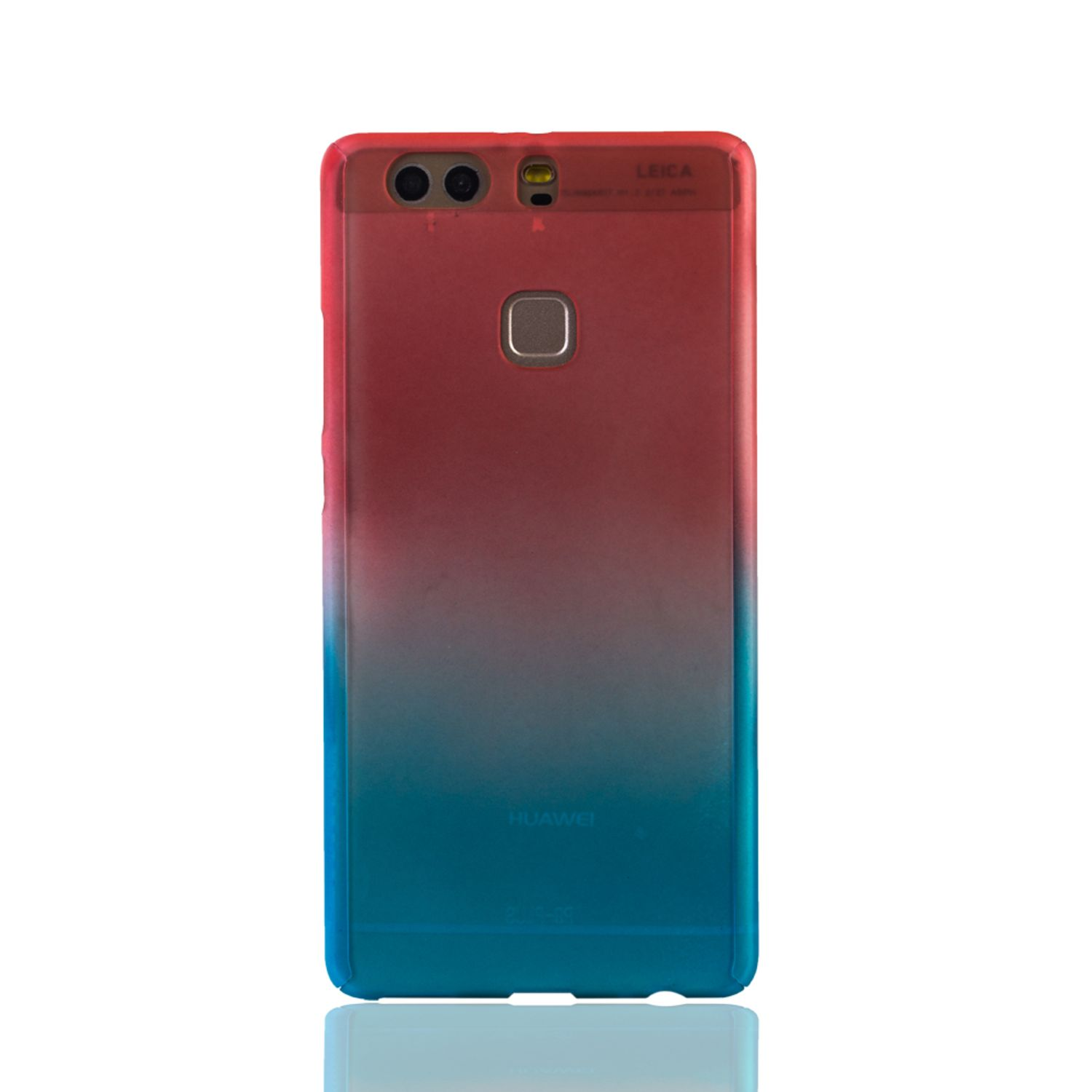 Eine Handyhülle mit einem Farbverlauf von Rot nach Blau. Sie hat einen Kameraausschnitt und das Huawei-Logo.
