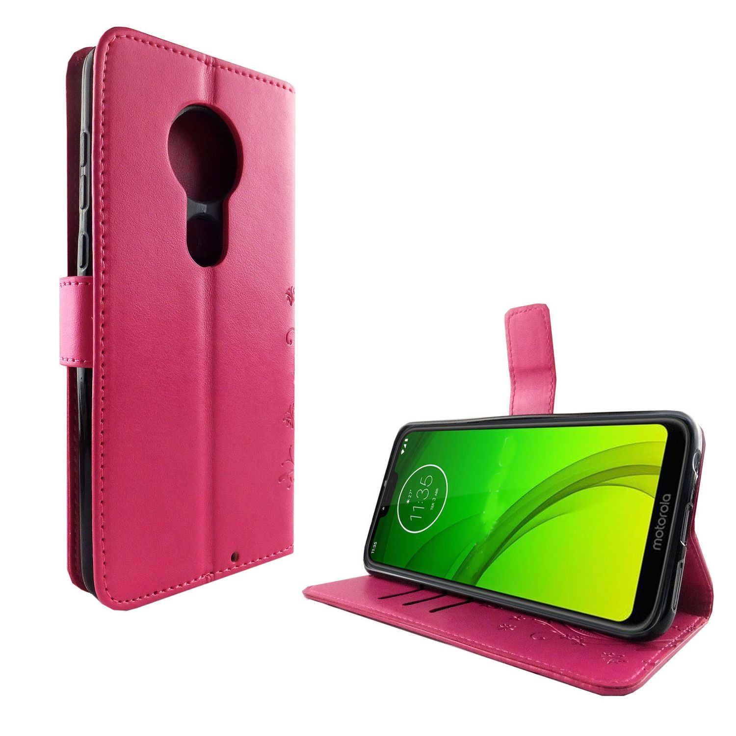 Rosa Handyhülle mit Telefon. Das Telefon zeigt die Uhrzeit. Weißer Hintergrund.
