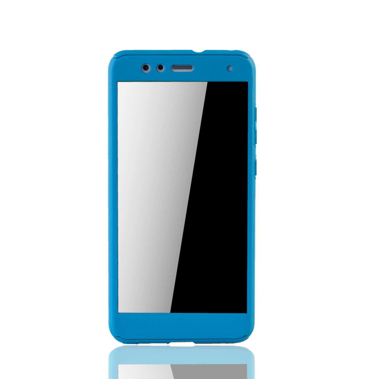 Blaues Telefon, schwarzer Bildschirm, weißer Rand. Das Telefon ist vertikal. Weißer Hintergrund. Reflexionen.