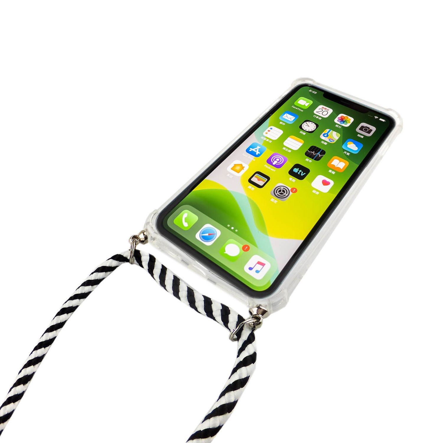 Ein Telefon in einer transparenten Hülle mit einem schwarz-weiß gestreiften Schlüsselband.