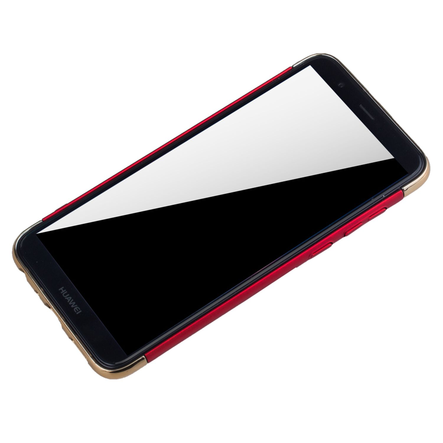 Ein rot gerahmtes Telefon mit schwarzem Bildschirm. Das Telefon befindet sich auf weißem Hintergrund.