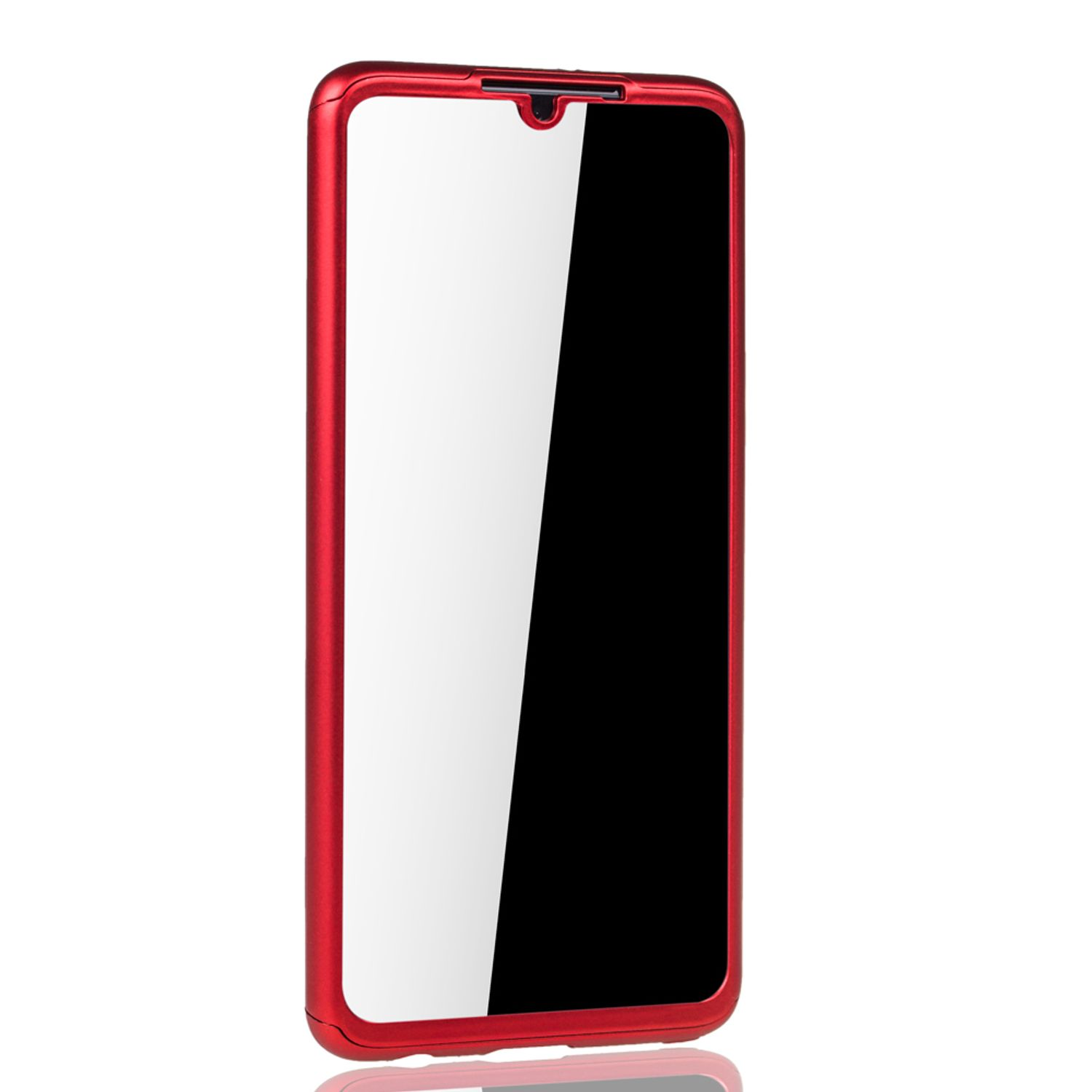 Eine rote Handyhülle mit einem Telefon darin. Der Bildschirm ist schwarz mit weißer Reflexion.