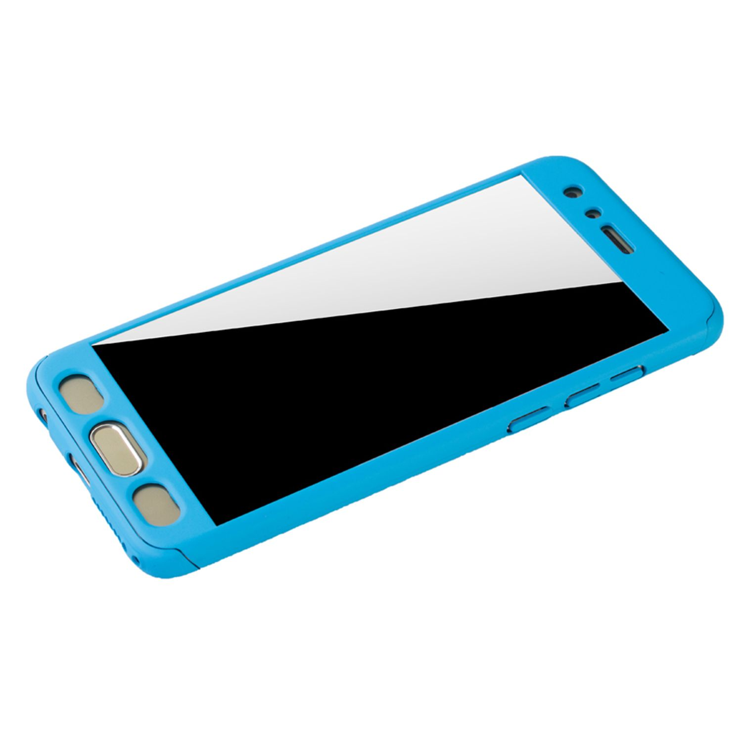 Eine blaue Handyhülle mit einem Telefonbildschirm ist sichtbar. Die Handyhülle befindet sich auf weißem Hintergrund.