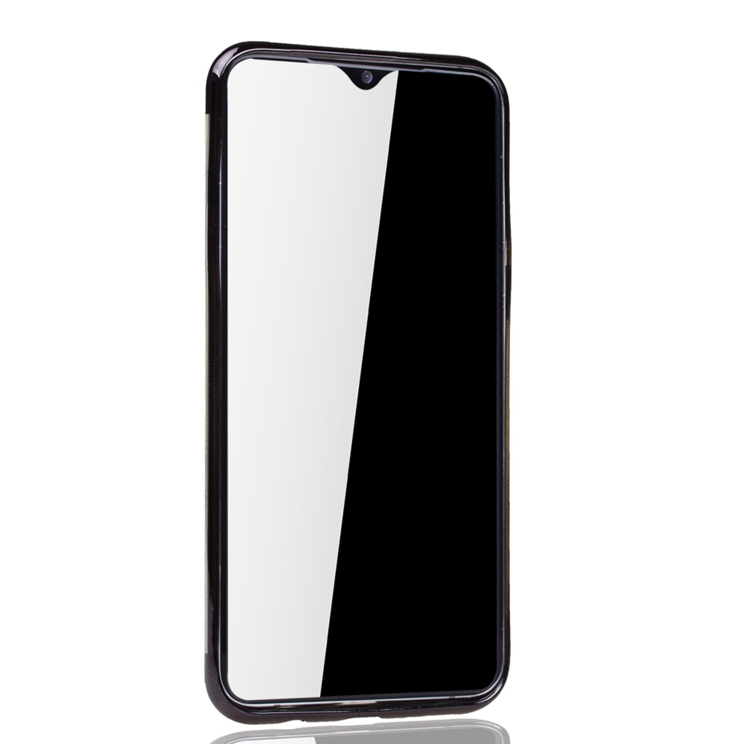 Schwarzes Telefon mit schwarzem Bildschirm. Hat eine Kerbe oben.