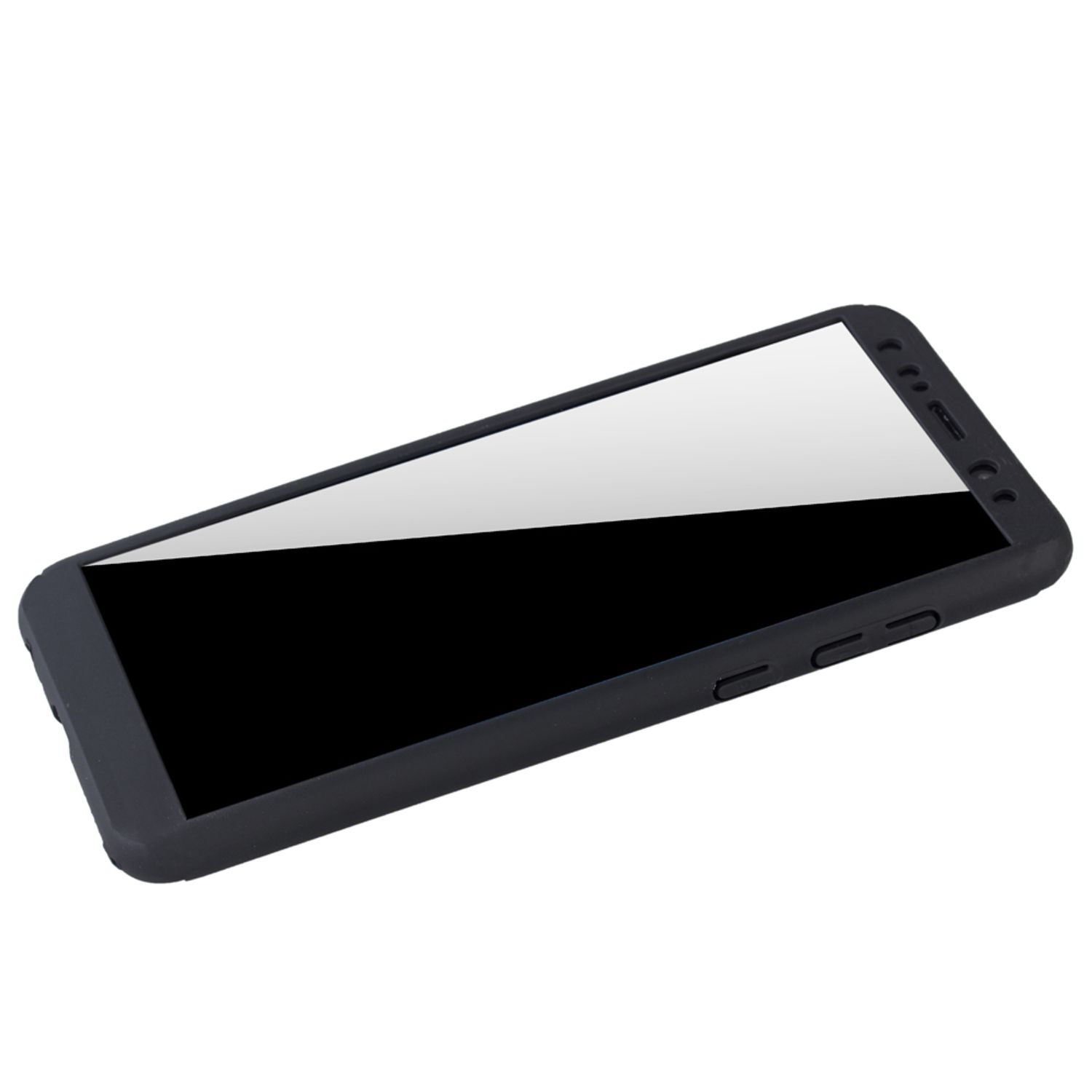 Schwarzes Telefon in schwarzem Gehäuse, Bildschirm an. Weißer Hintergrund.
