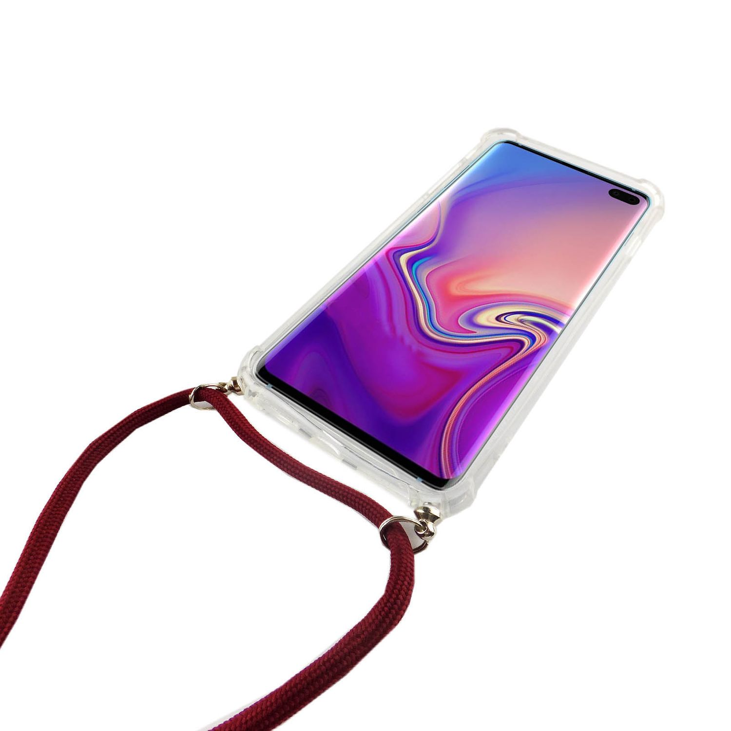 Transparente Handyhülle mit Umhängeband. Weinrotes Umhängeband. Telefon ist sichtbar. Weißer Hintergrund.