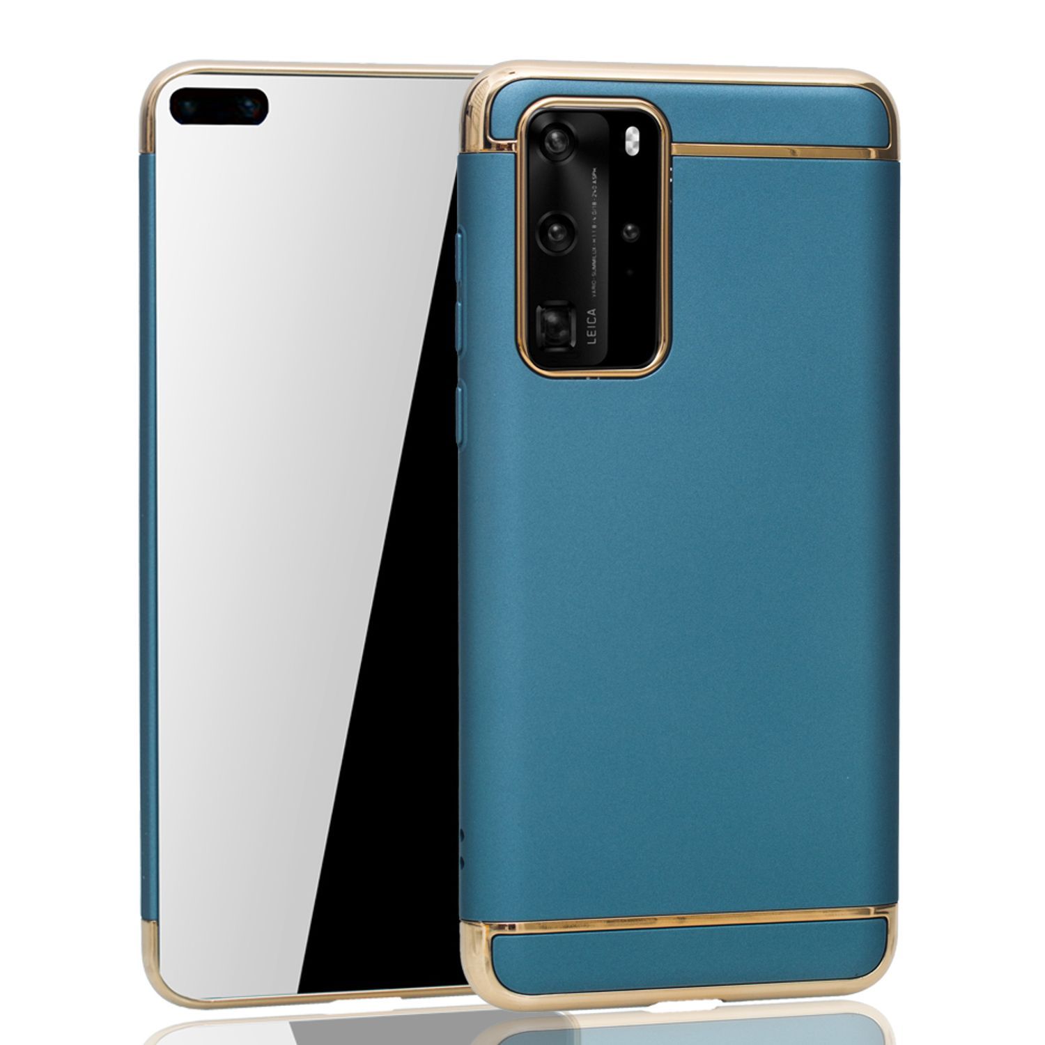 Blaues Telefon mit goldenem Rahmen neben einer verspiegelten Rückseite, isoliert.