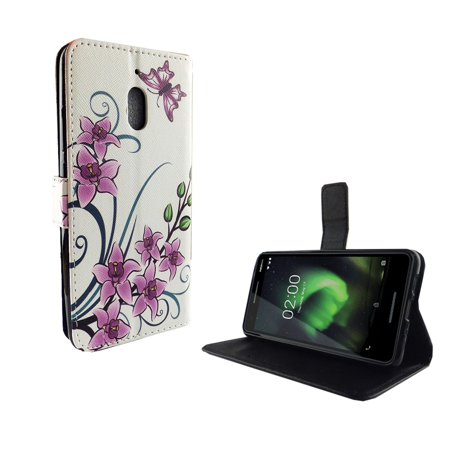 Telefon in offener, floraler Hülle, schwarzes Telefon auf weißem Hintergrund.