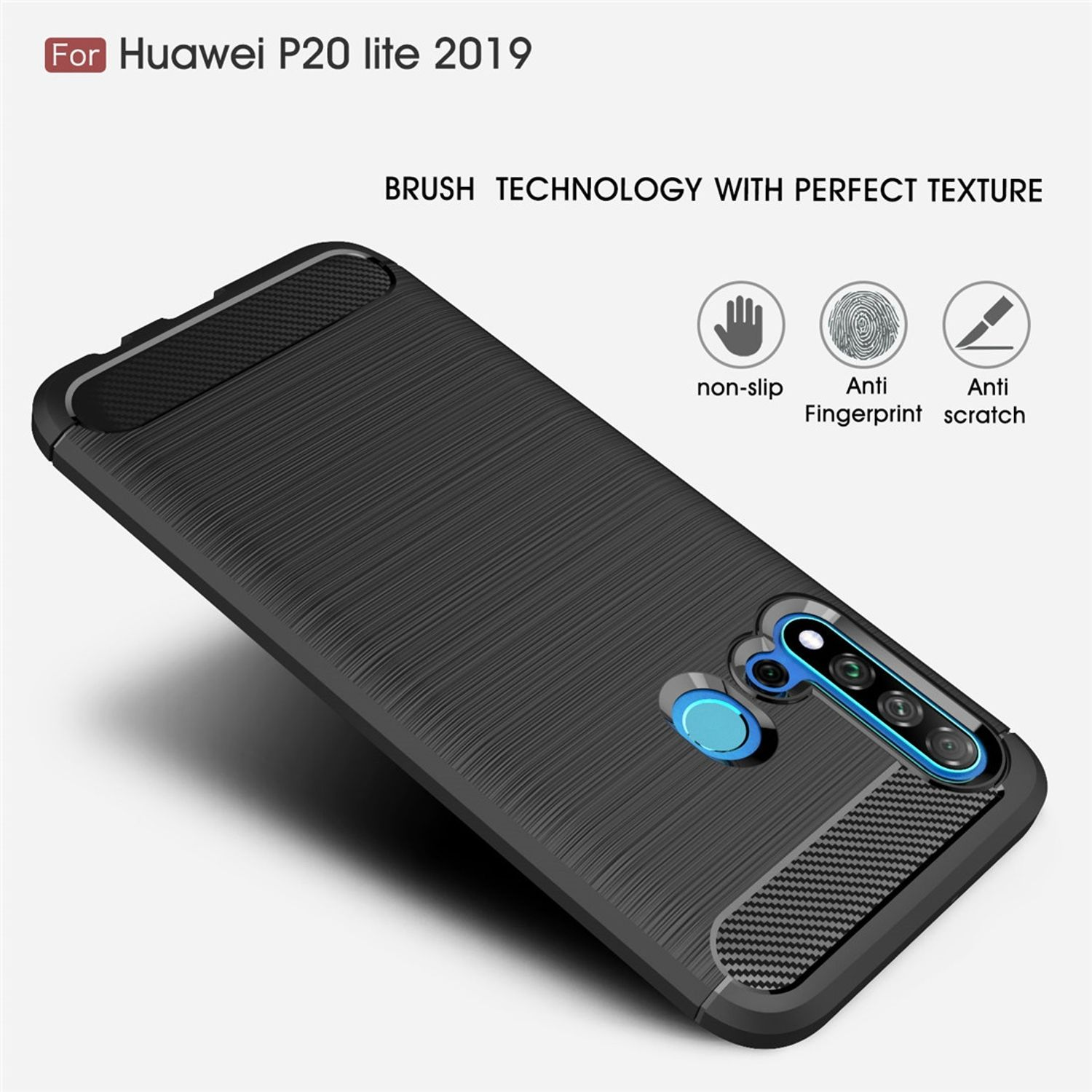 Schwarze Handyhülle für Huawei P20 lite 2019. Schwarze gebürstete Textur. Weißer Hintergrund.