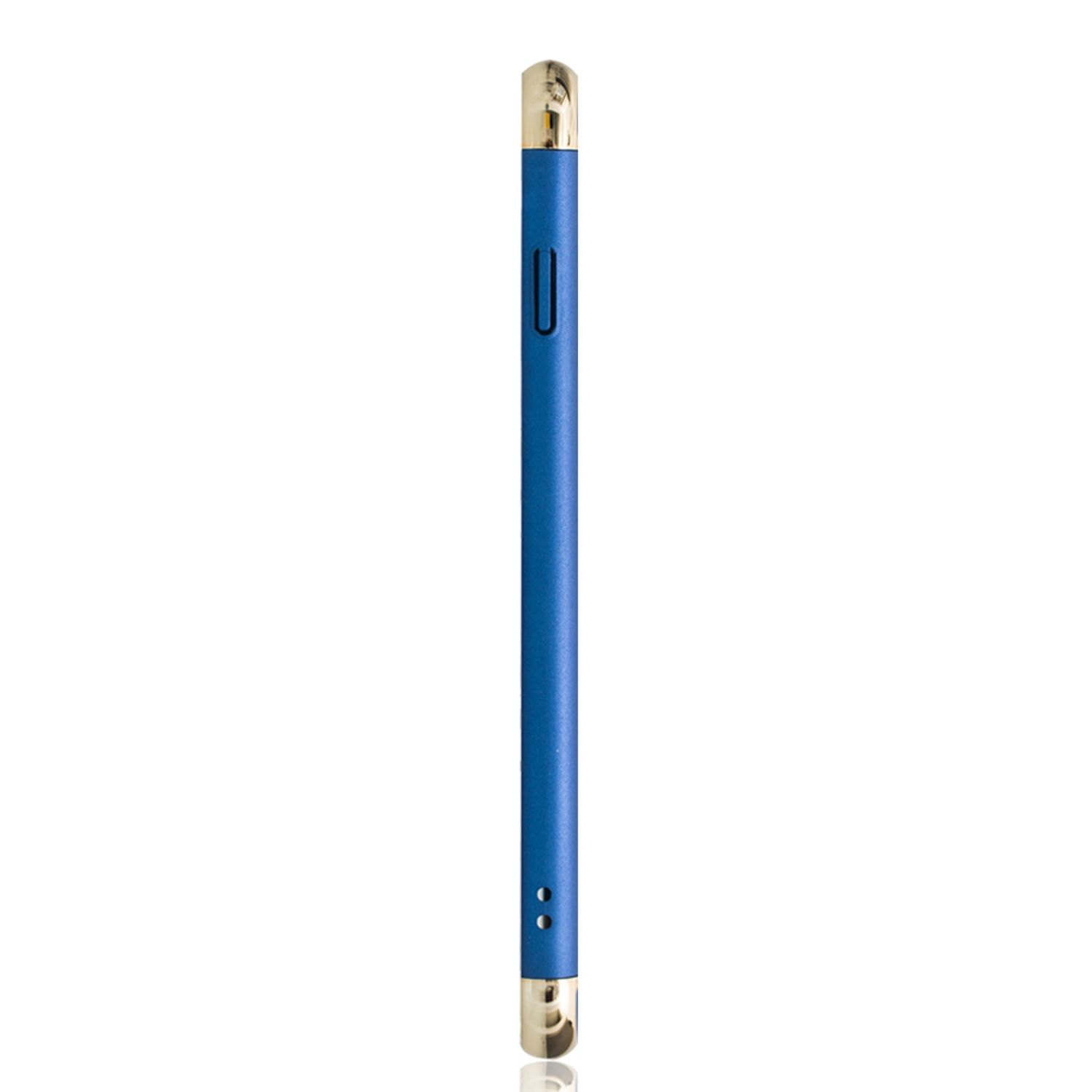 Seitenprofil eines blauen Telefons mit Knöpfen und Anschlüssen. Das Telefon hat goldene Akzente.