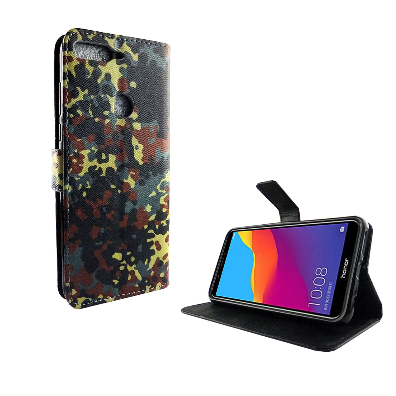 Tarnfarbene Handyhülle mit Telefon rechts, auf weißem Hintergrund.