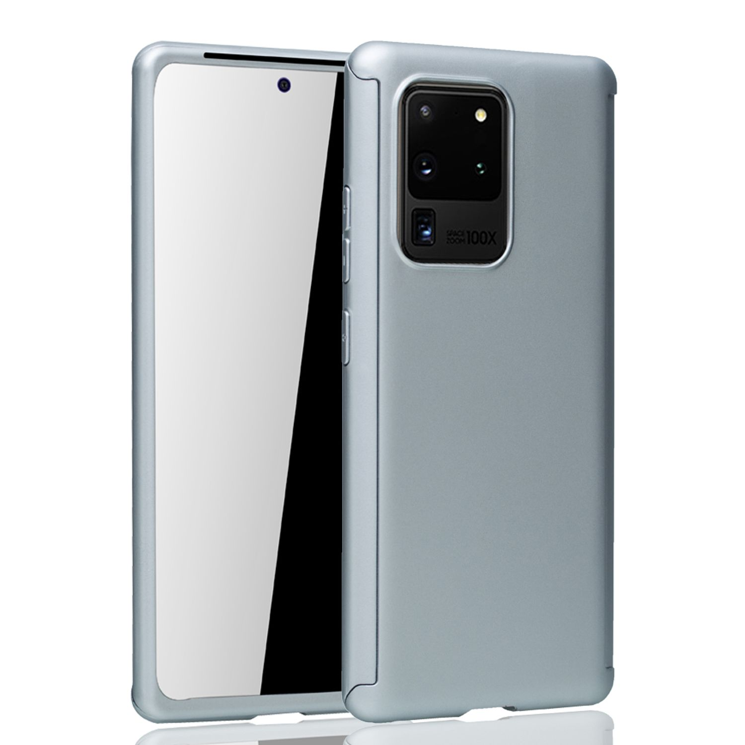 Silberne Handyhülle mit Telefon darin. Der Bildschirm ist schwarz.