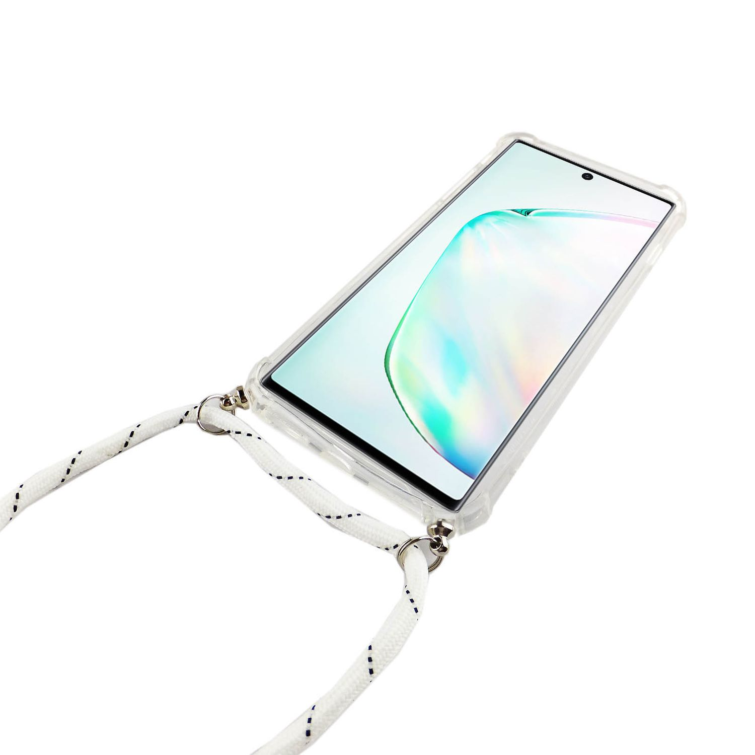 Eine transparente Handyhülle mit weißem Seilband wird gezeigt und zeigt den Telefonbildschirm.