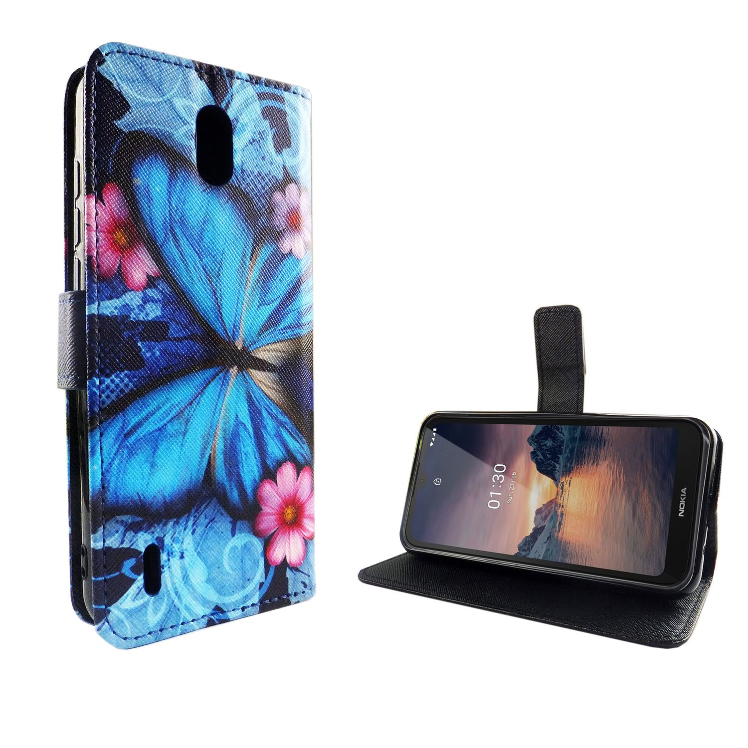 Telefon in Hülle mit Schmetterlingsdesign auf weißer Oberfläche.