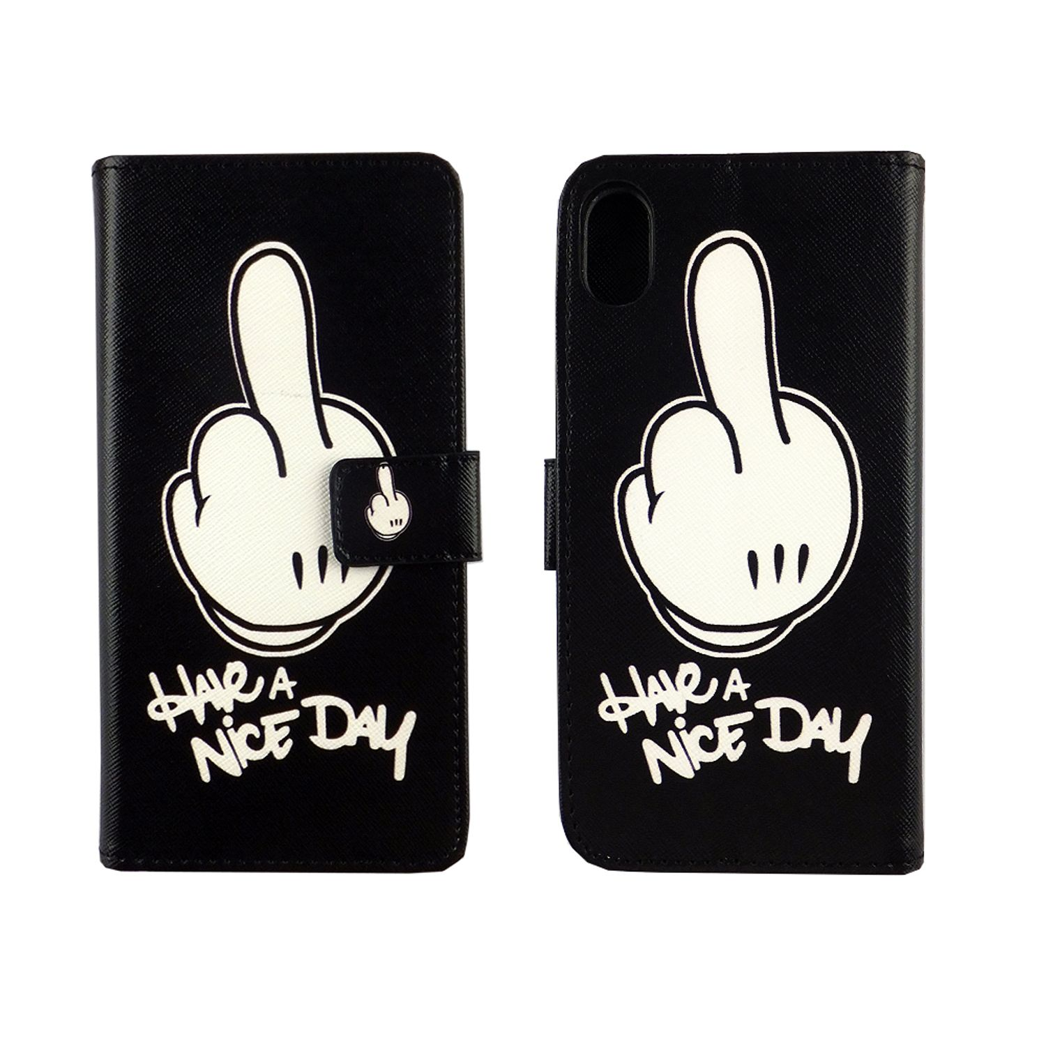 Schwarze Handyhülle mit weißer Hand, die den Mittelfinger zeigt. Text: "Have a nice day."