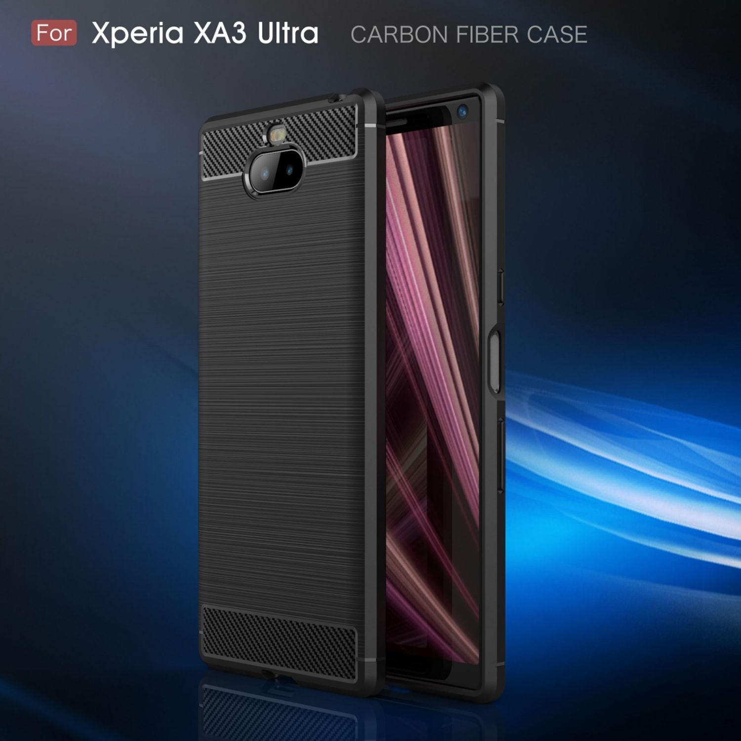 Eine schwarze Handyhülle mit Kohlefaserstruktur für Xperia XA3 Ultra, mit Text oben.