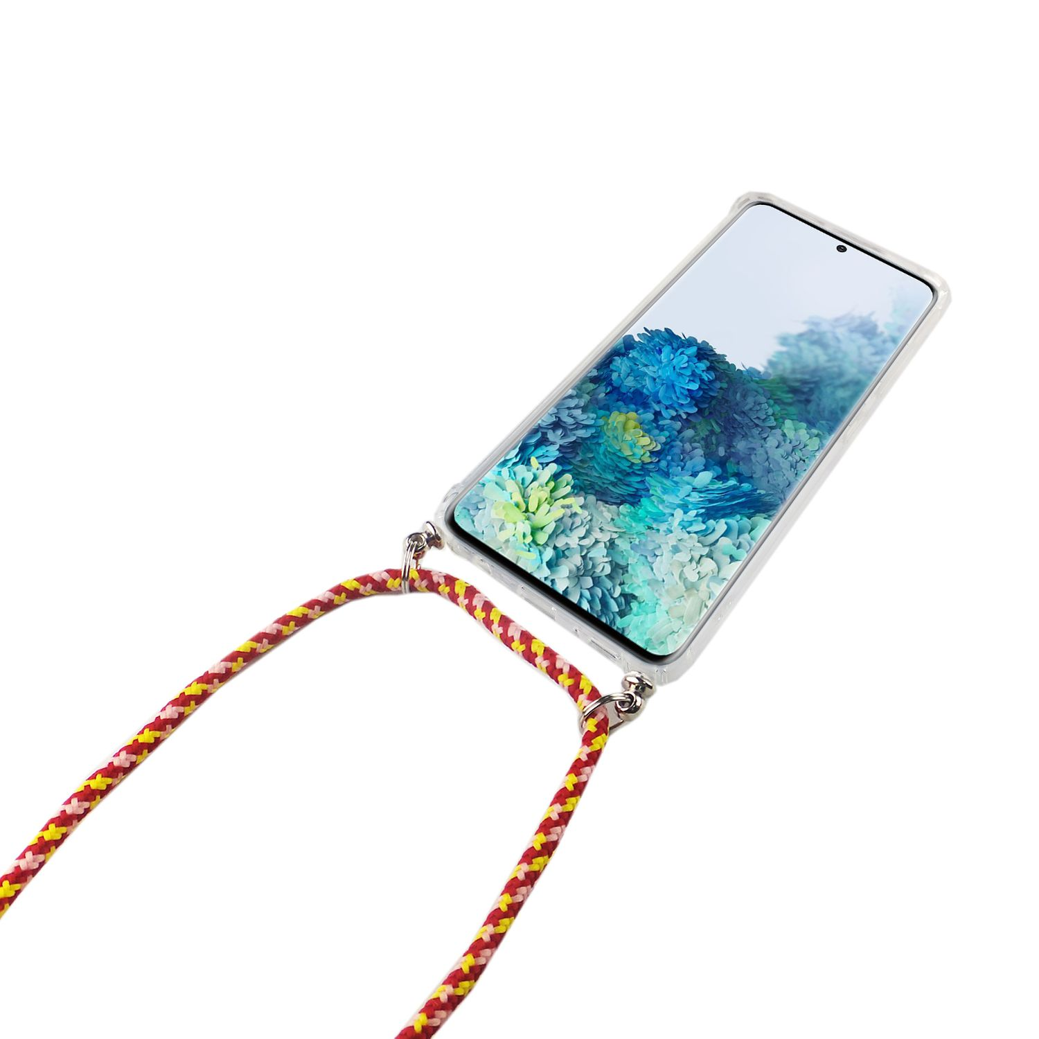Ein Telefon mit durchsichtiger Hülle und Lanyard vor weißem Hintergrund.