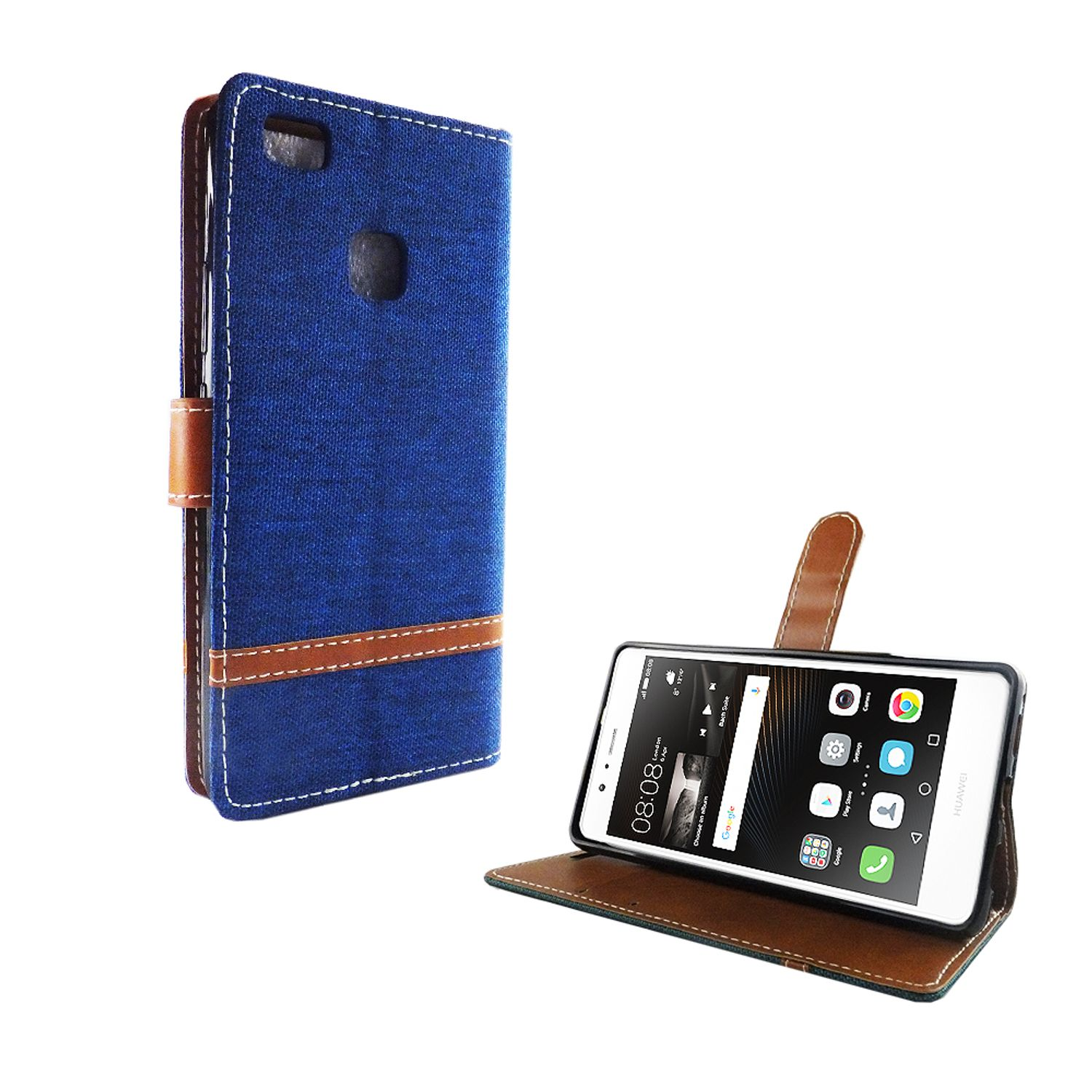 Blaue Handyhülle, die ein Telefon mit Bildschirm zeigt. Die Handyhülle ist offen.