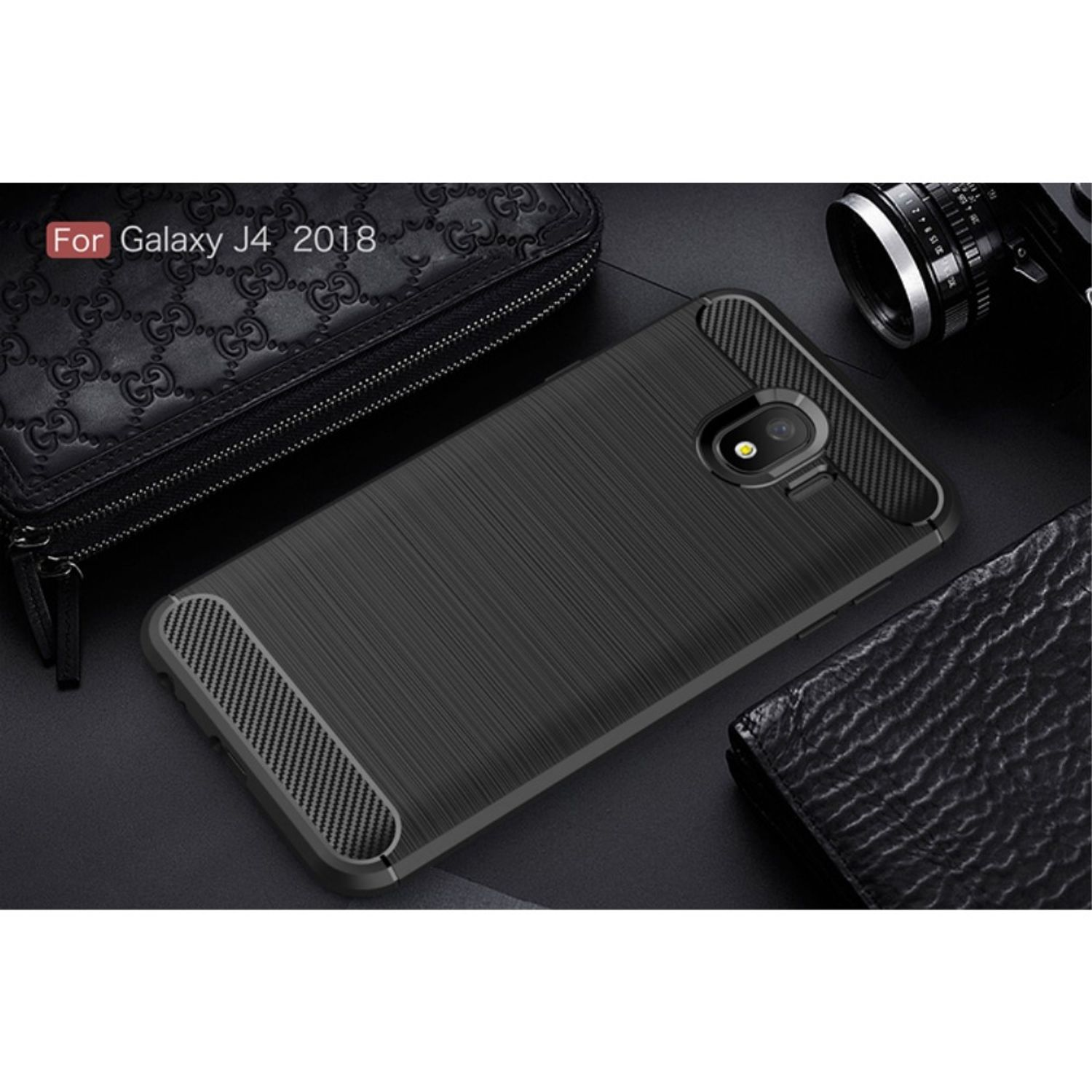 Schwarze Handyhülle mit schwarzem Telefon. Hülle ist offen. Text: Für Galaxy J4 2018.