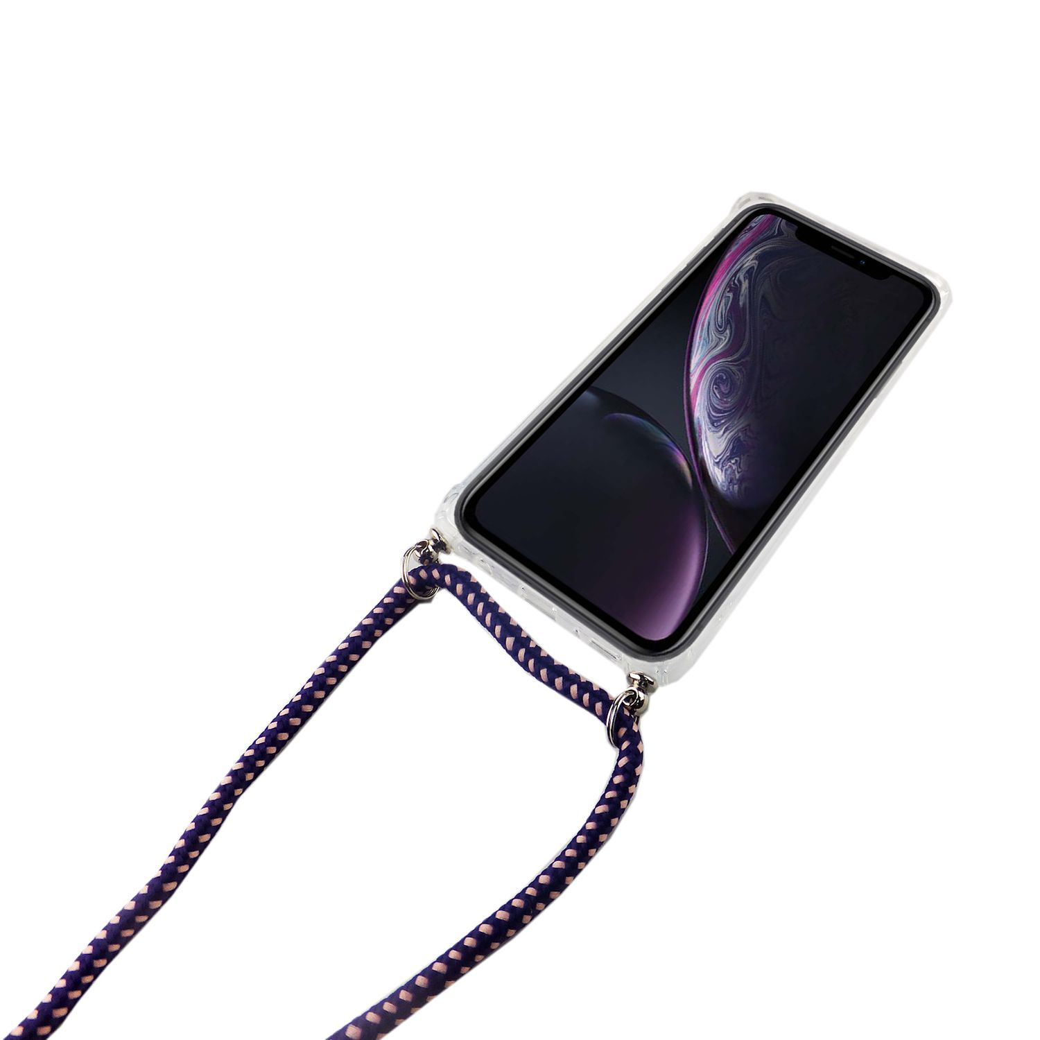 Transparente Handyhülle mit Telefon und lila Kordel. Das Telefon ist geneigt.