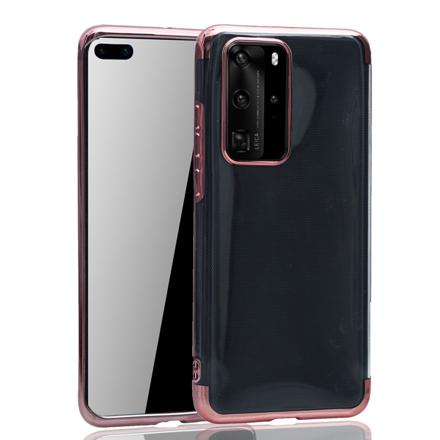 Schwarz-rosa Handyhülle mit Telefon. Weißer Hintergrund.