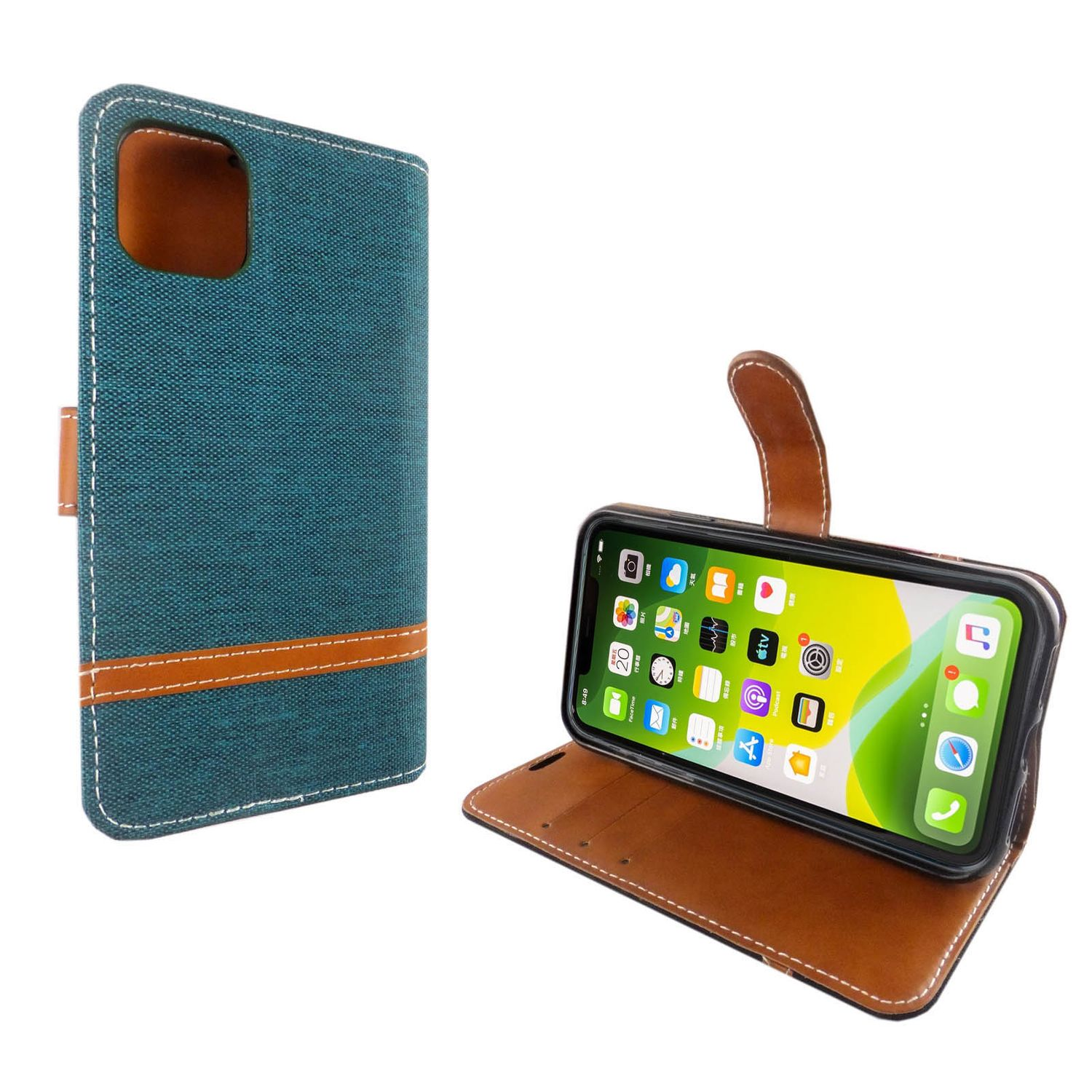 Blau-braune Handyhülle offen mit einem Telefon.