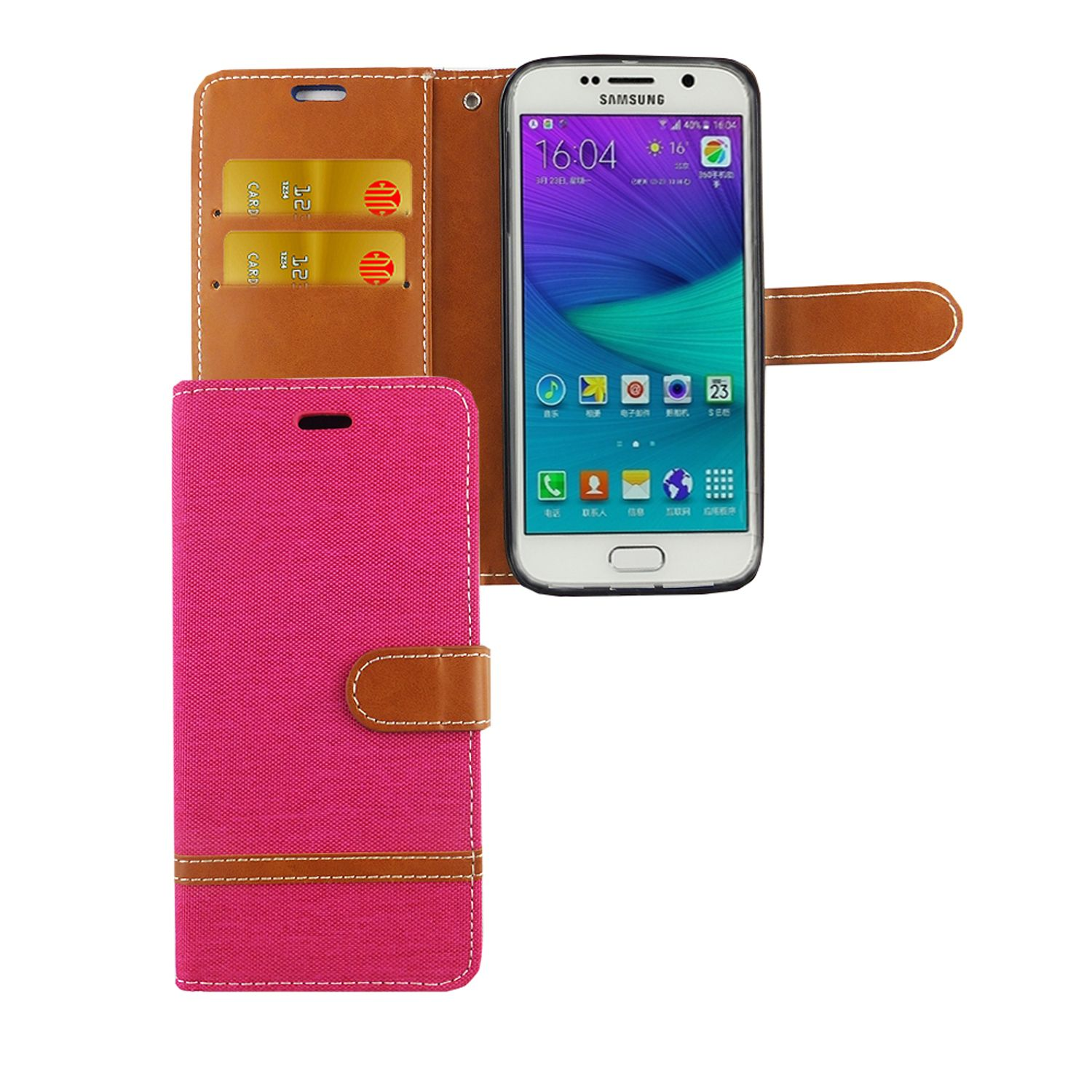 Eine rosa Handyhülle mit Telefon, das den Bildschirm zeigt. Es gibt auch zwei Karten.
