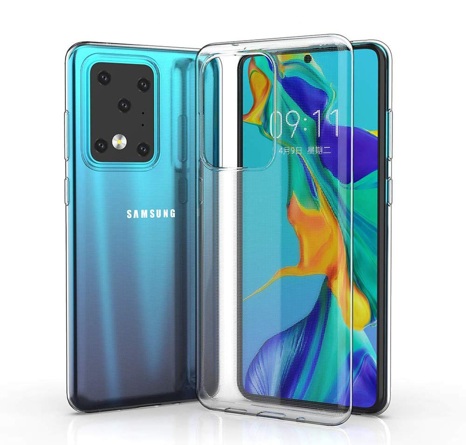 Telefon mit klarer Hülle, zeigt den Bildschirm mit Uhr und farbenfrohem Hintergrund.