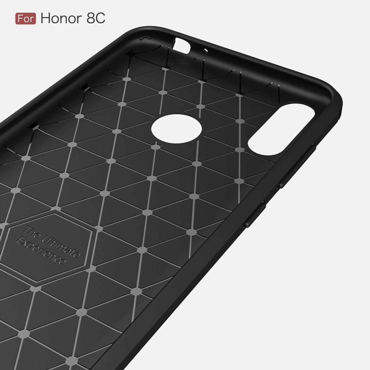 Eine schwarze Handyhülle für Honor 8C. Die Hülle hat ein Wabenmuster und den Text 'The Ultimate Experience'.