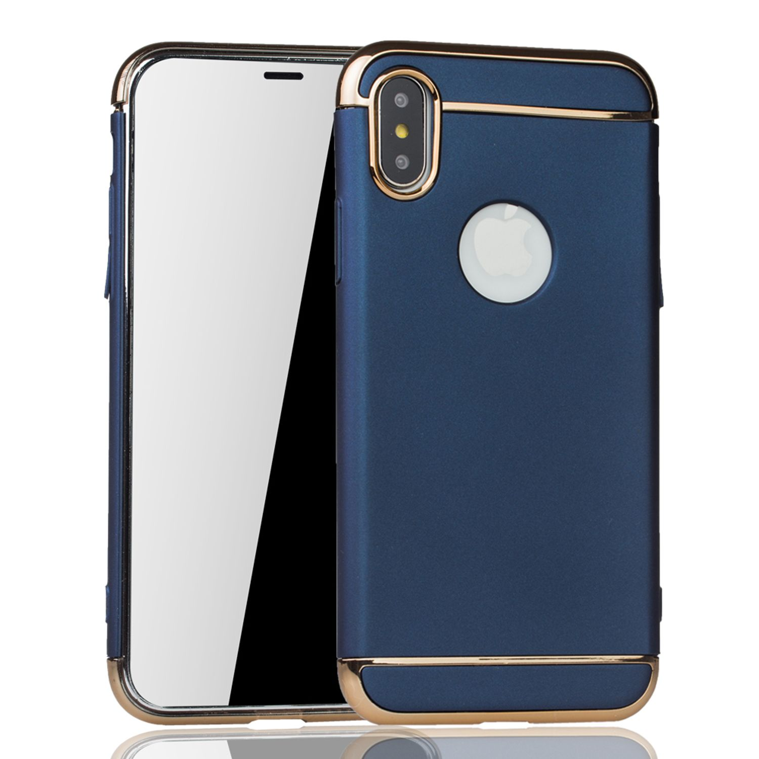 Blaue und goldene Handyhülle, mit Telefon davor. Weißer Bildschirm.