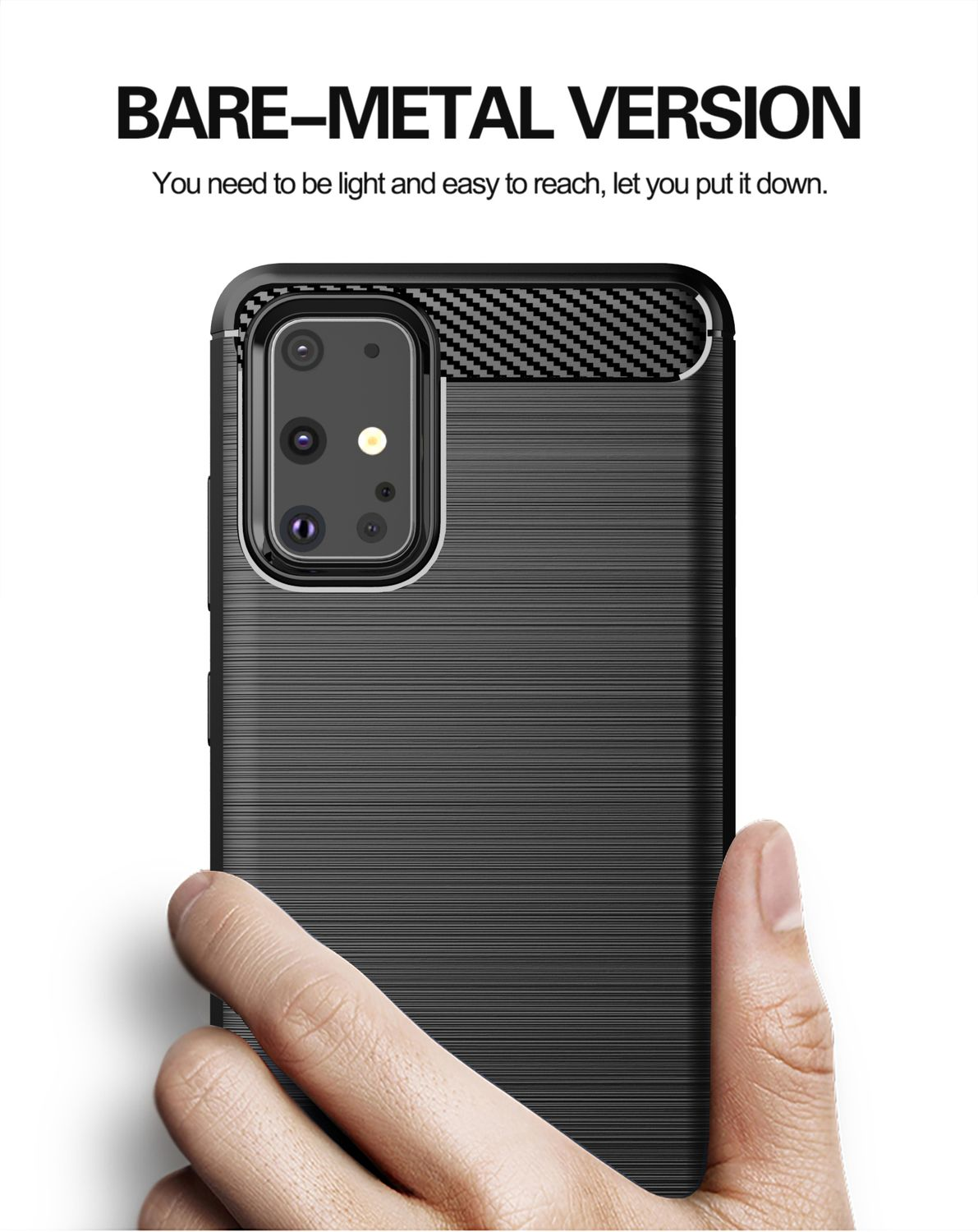 Schwarze Handyhülle mit Carbonfaser-Oberseite. Hand, die das Telefon hält. Weißer Hintergrund.