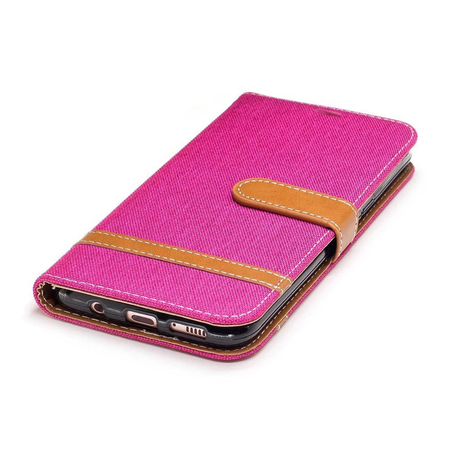 Eine pinkfarbene Handyhülle mit braunem Riemen, geöffnet und zeigt ein Telefon im Inneren. Weißer Hintergrund.