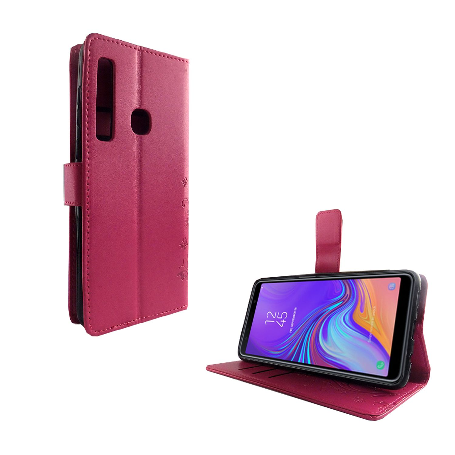 Rosa Handyhülle mit Telefon innen, offen. Telefon steht auf einem Ständer. Ledertextur und Magnetverschluss.