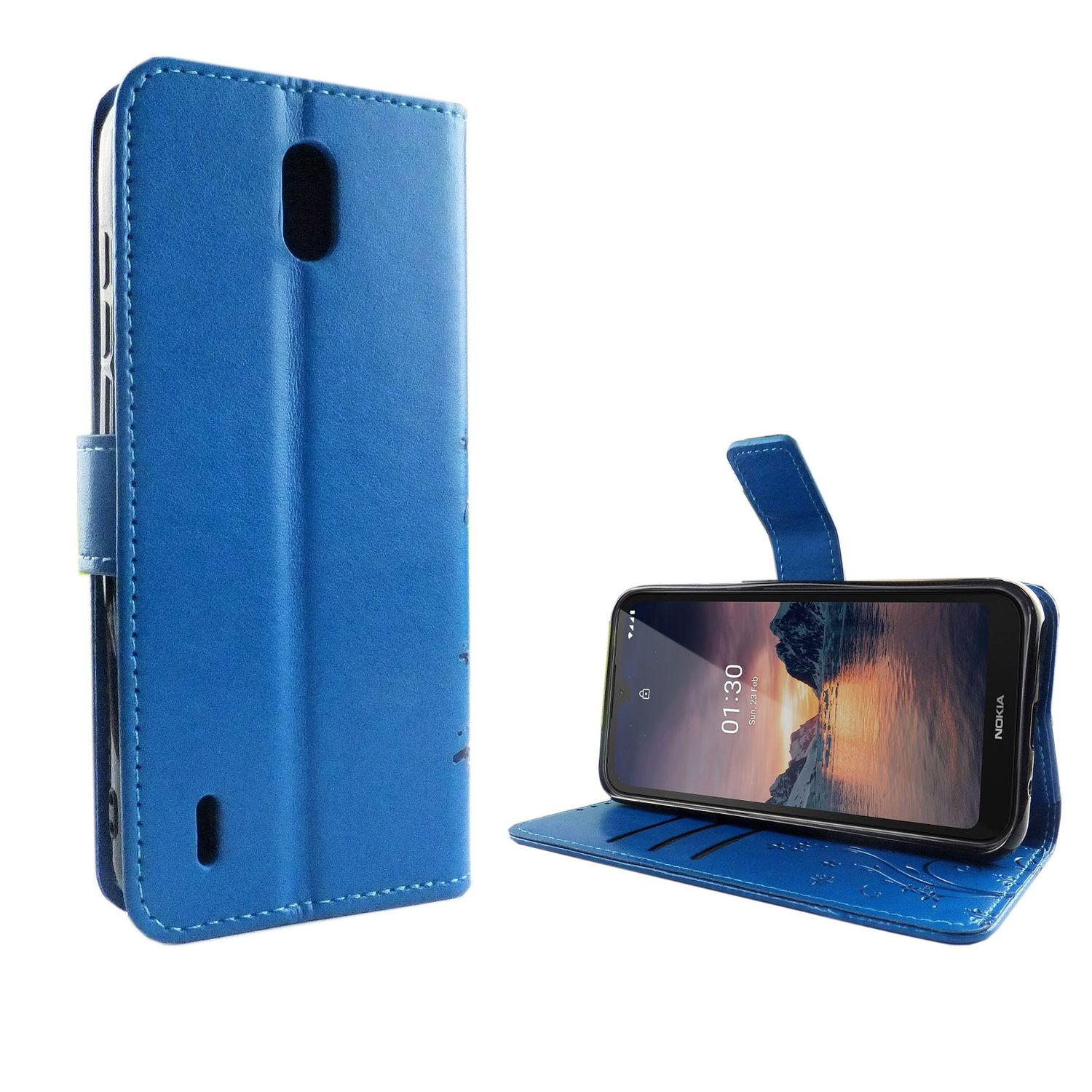 Blaue Handyhülle mit einem Telefon darin. Das Telefon zeigt ein Landschaftsbild. Weißer Hintergrund.