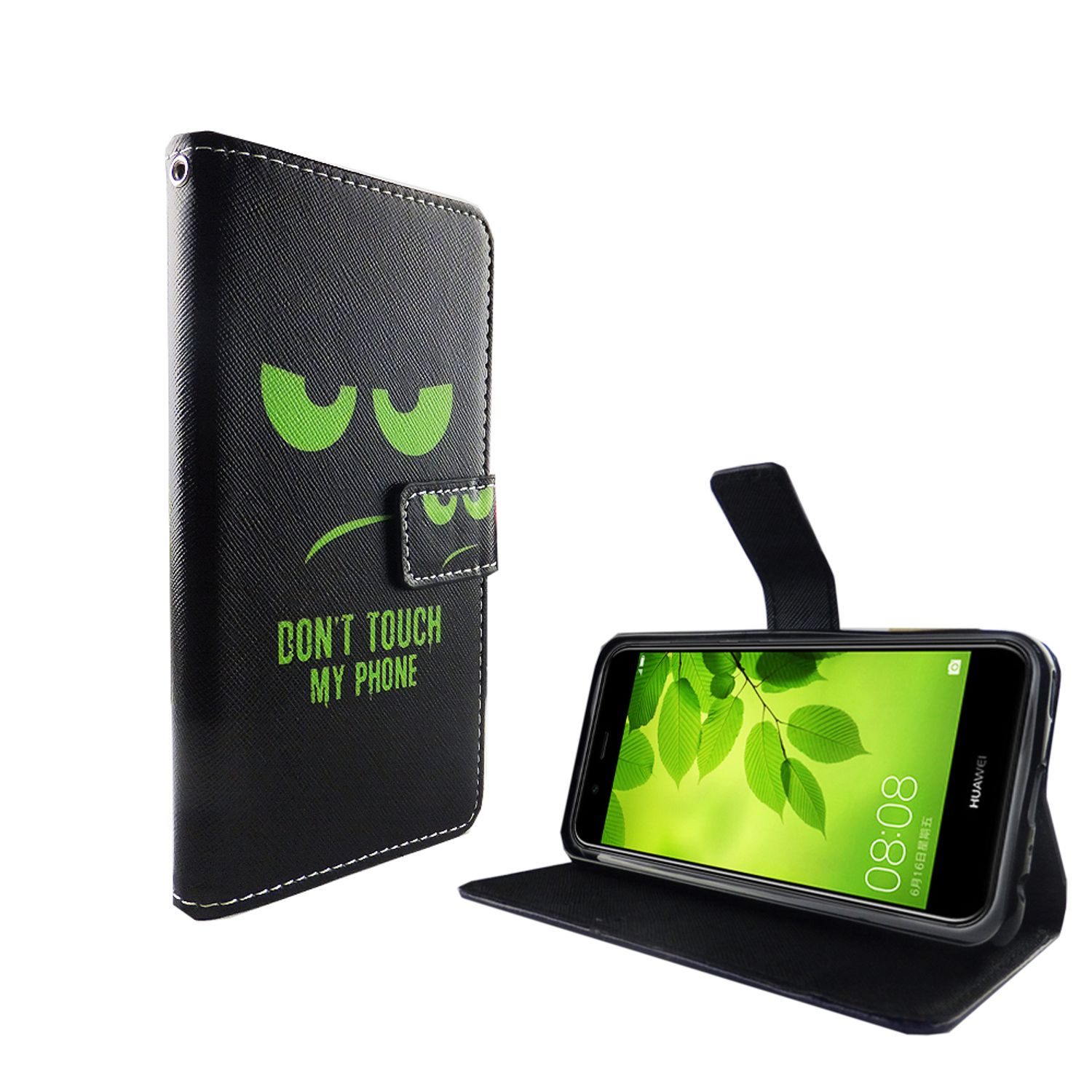 Schwarze Handyhülle mit grünem, wütendem Gesicht und Text, Telefon darin.