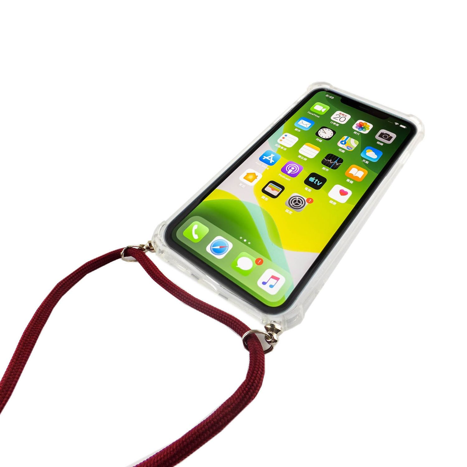Smartphone mit klarer Hülle und rotem Umhängeband. Auf dem Bildschirm App-Symbole.
