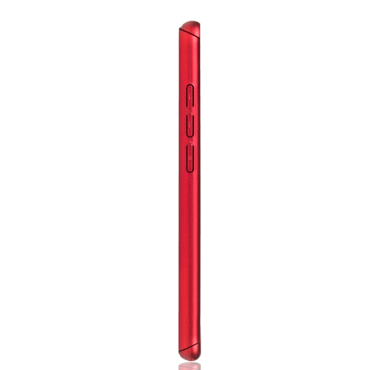 Rotes Telefon, Seitenansicht. Zeigt Lautstärke- und Ein-/Aus-Taste. Reflektierende Oberfläche.