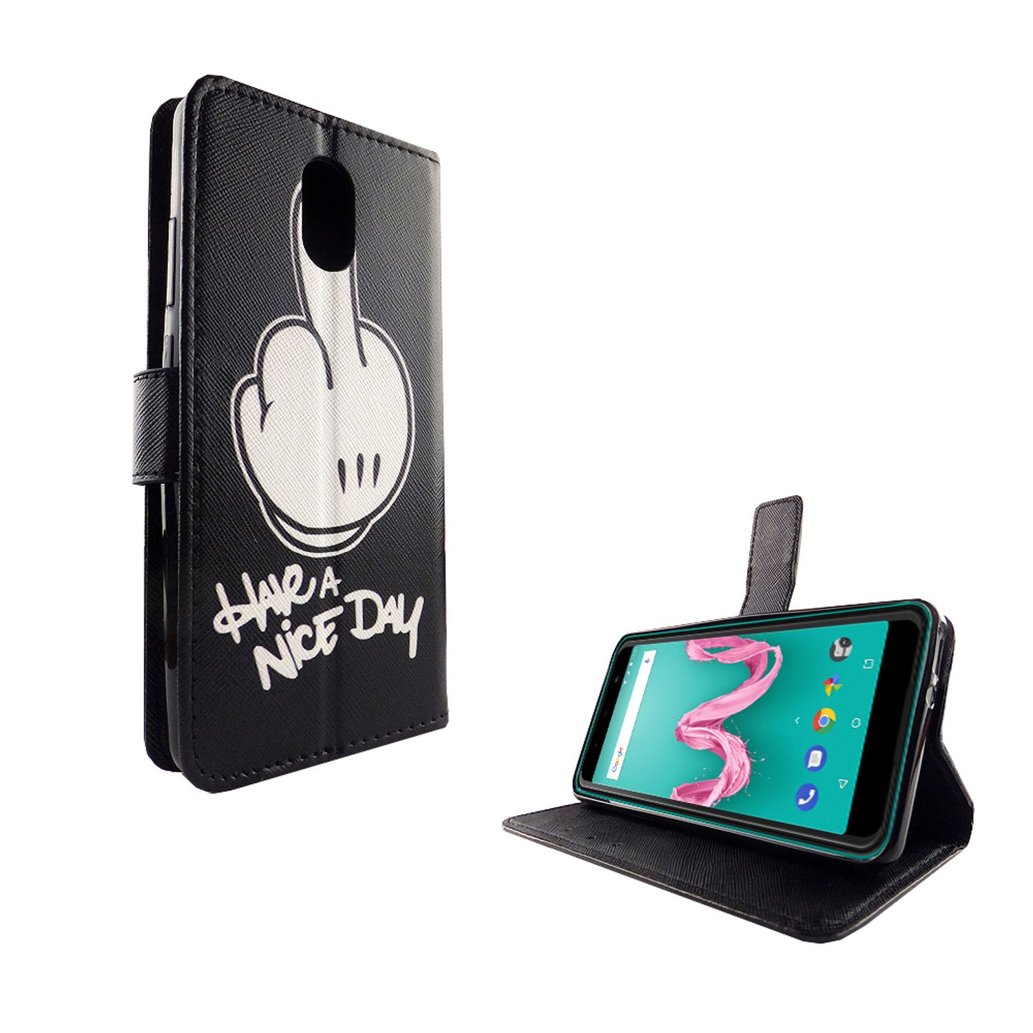 Schwarze Handyhülle mit Mittelfinger-Grafik und Text: 'Have a Nice Day.' Das Telefon ist offen.