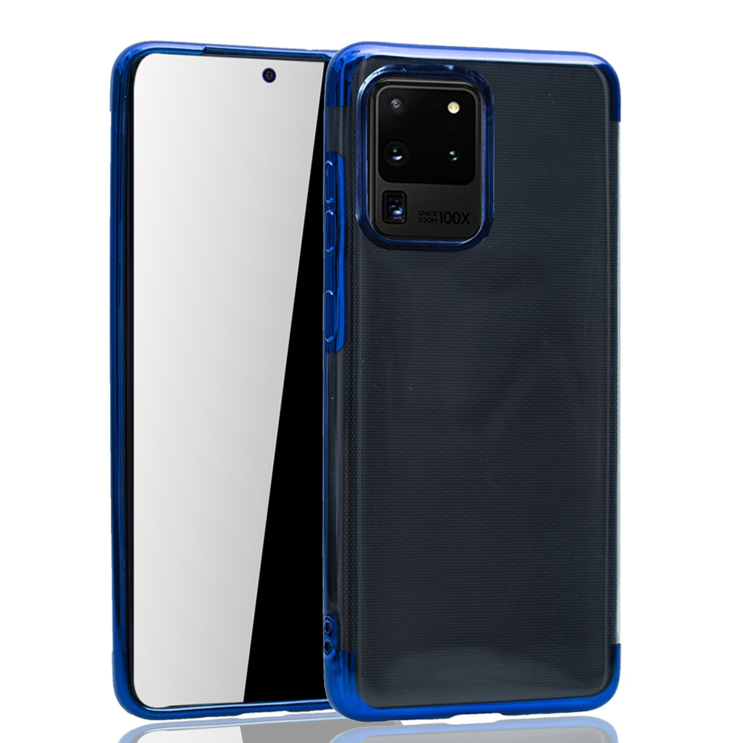 Ein Telefon in einer blauen Hülle mit dunkelblauem Rücken und Kamera.