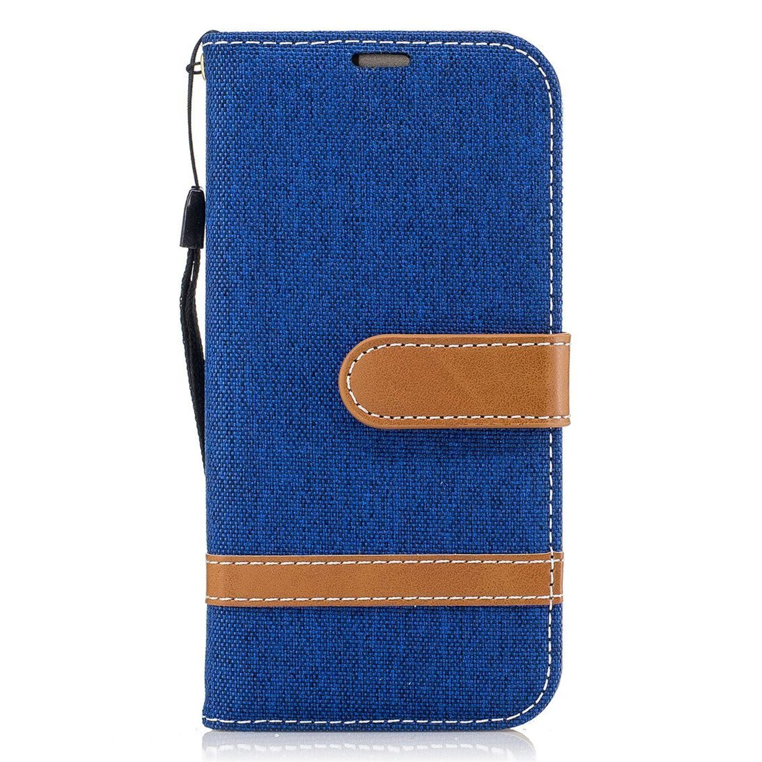Blaue Handyhülle mit braunem Streifen und Riemen. Weißer Hintergrund.